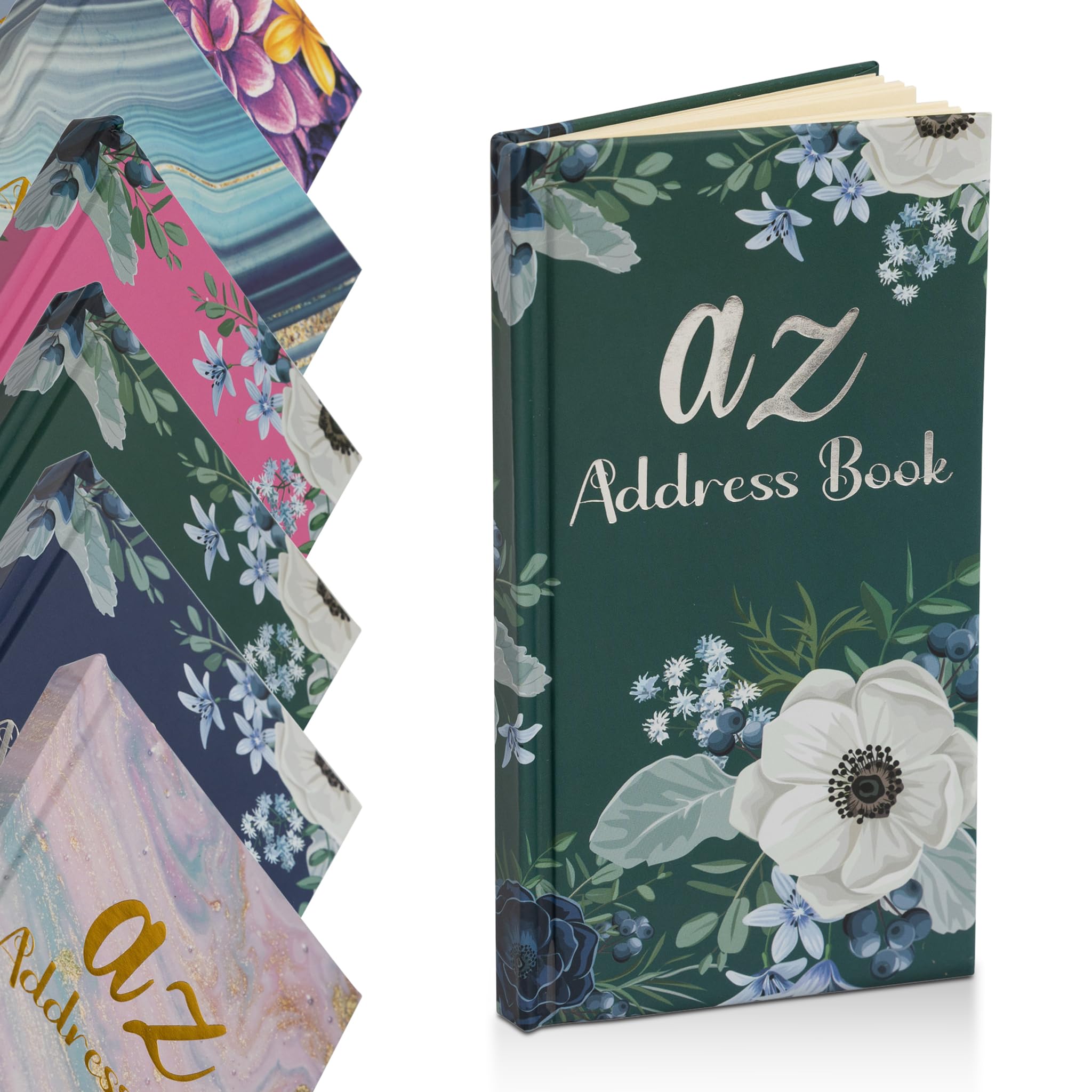 Telephone Address Book A-Z Index Hard Back Cover Slim, Green Flowers