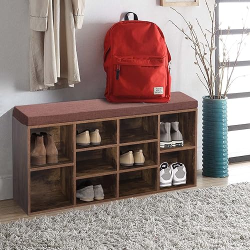 Miniatura 7 de PHI VILLA Banco de almacenamiento de zapatos con cojín de asiento, zapatero organizador de zapatos para entrada, sala de estar, marrón rústico