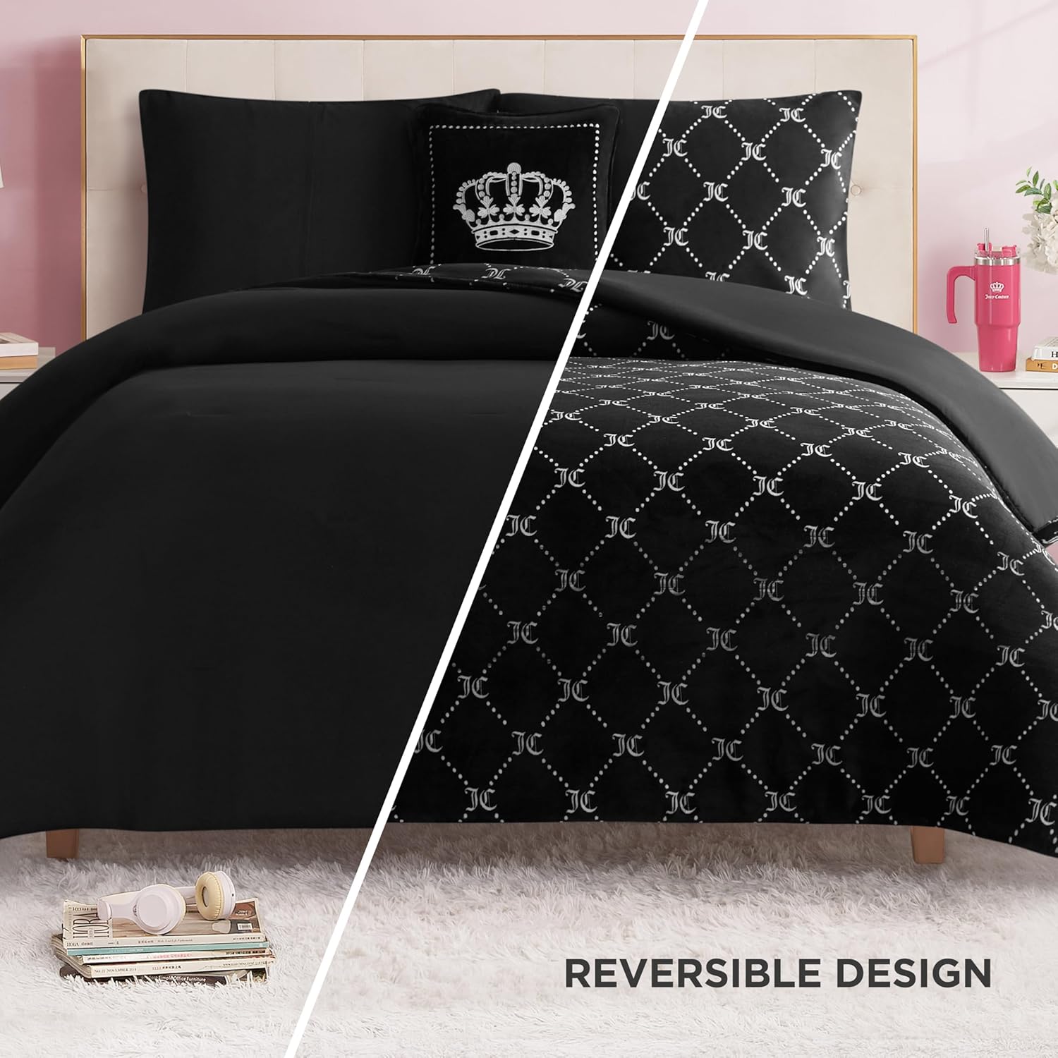 Juicy Couture Plush Reversible Trellis Link 4-Piece Full/Queen Comforter Set with Decorative Pillow, Black