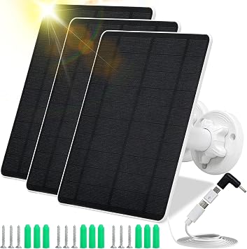Solar Panel for Security Camera,5W USB Solar Panel for Cameras DC 5V | Camera Solar Panel Charger Micro USB & USB-C & DC,IP65 Waterproof Solar Panel Charger for Camera with 360Adjustable Mount