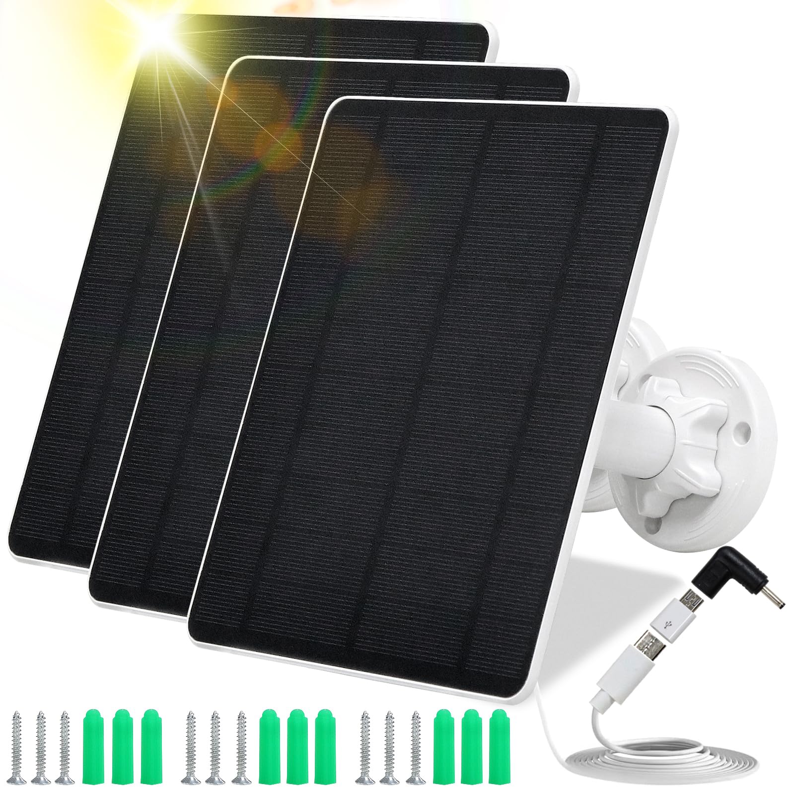 Pannello solare per telecamera di sicurezza, pannello solare USB 5 W per telecamere DC 5 V, caricatore da pannello solare micro USB e USB-C e DC, impermeabile IP65 con montaggio regolabile a 360°