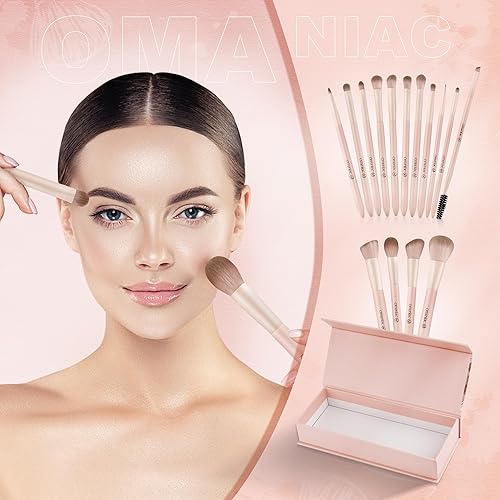 Miniatura 7 de OMANIAC Juego de brochas de maquillaje (15 unidades), correctores de polvo sintético de alta calidad, sombras de ojos, rubor, juego de brochas de