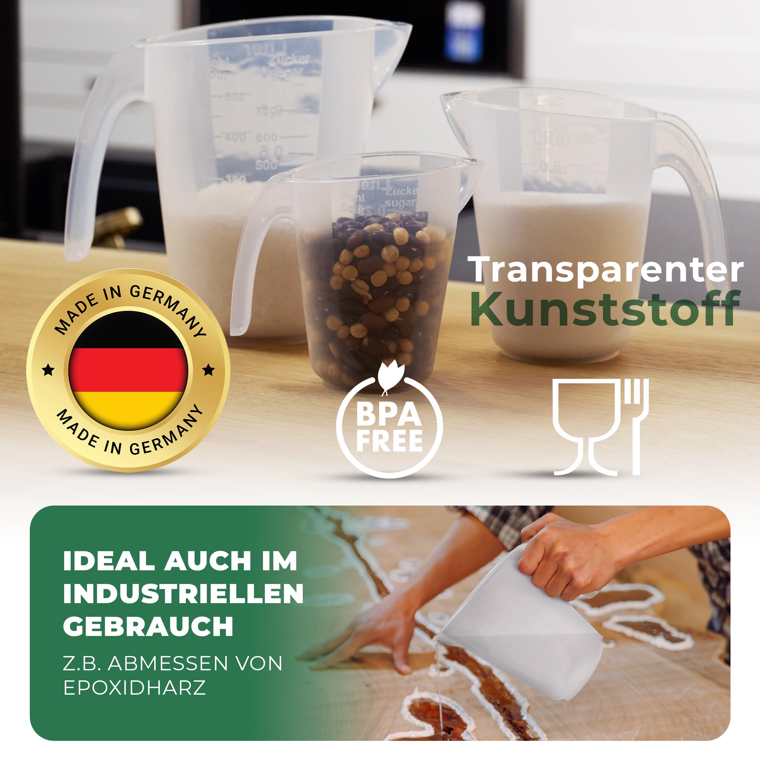Novaliv Juego de 10 vasos medidores de 1 l, vaso medidor, 1000 ml, transparente, con escala transparente g/ml para líquidos de harina y azúcar, fabricado en Alemania, apto para lavavajillas