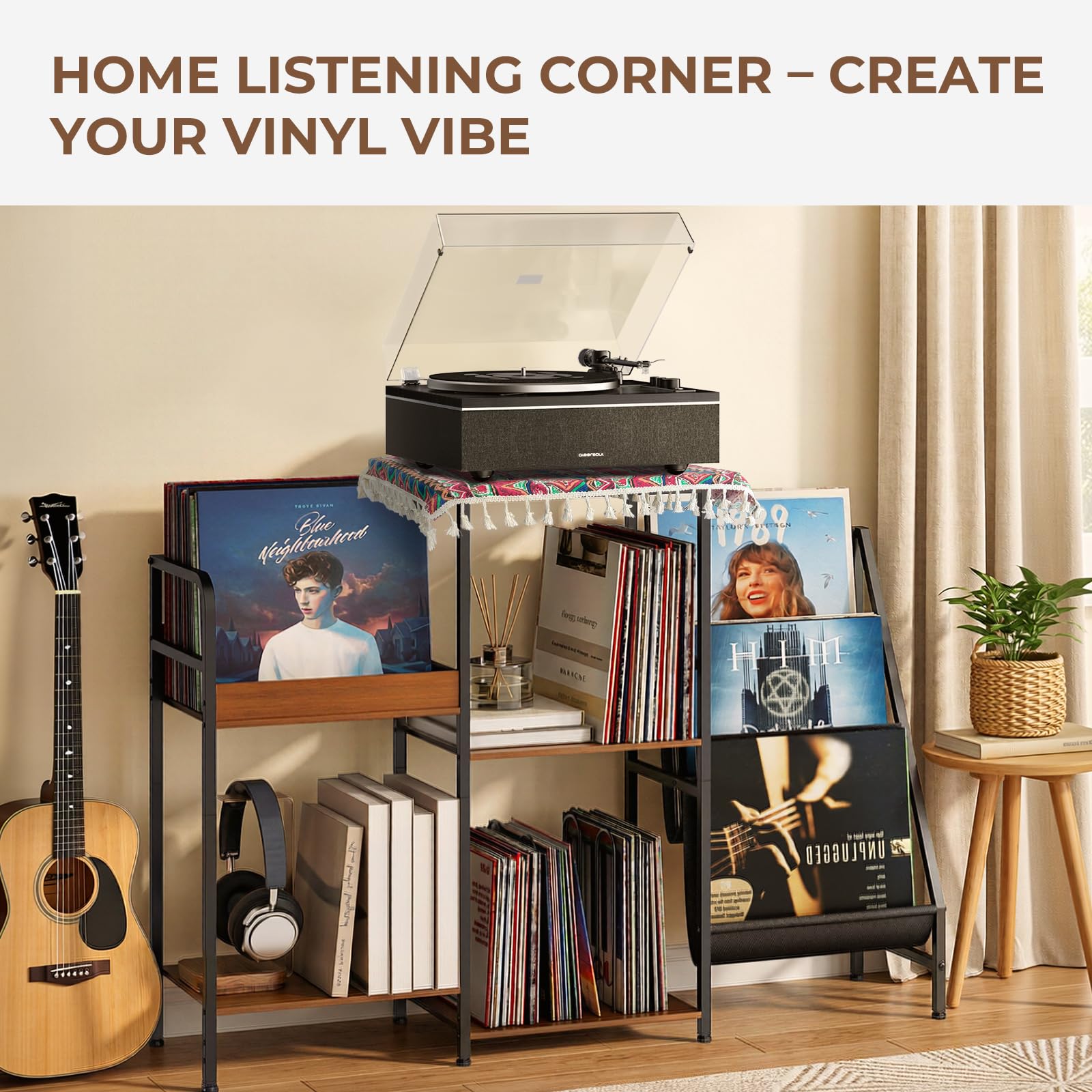 Qlearsoul Meuble Platine Vinyle avec Rangement, Support pour Tourne-Disque à 3 Niveaux avec Présentoir Vinyles, Meuble Vinyle pour Salon