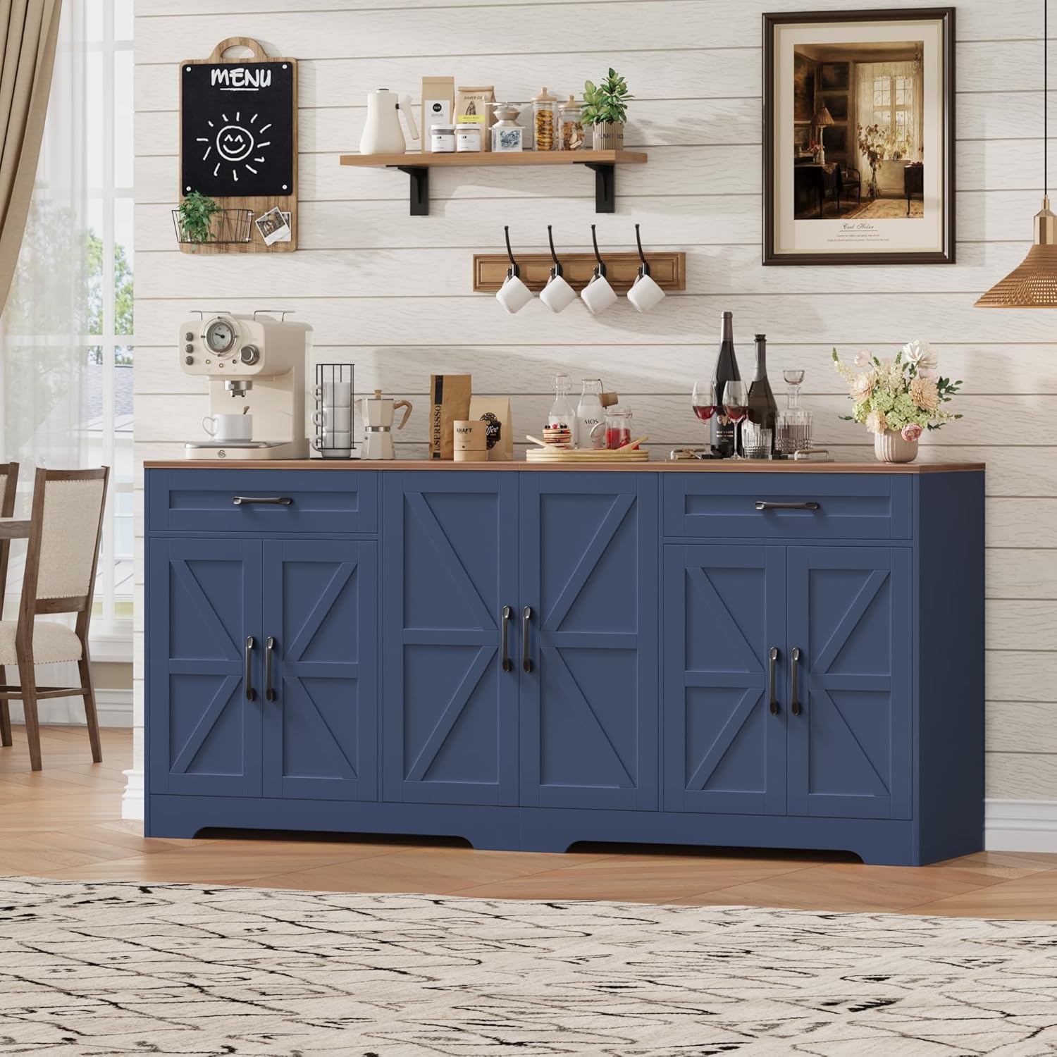 71” large sideboard buffet cabinet with storage, farmhouse kitchen buffet cabinet with adjustable shelves and 6 barn doors, wood coffee wine bar console table for kitchen, dining room, navy blue
