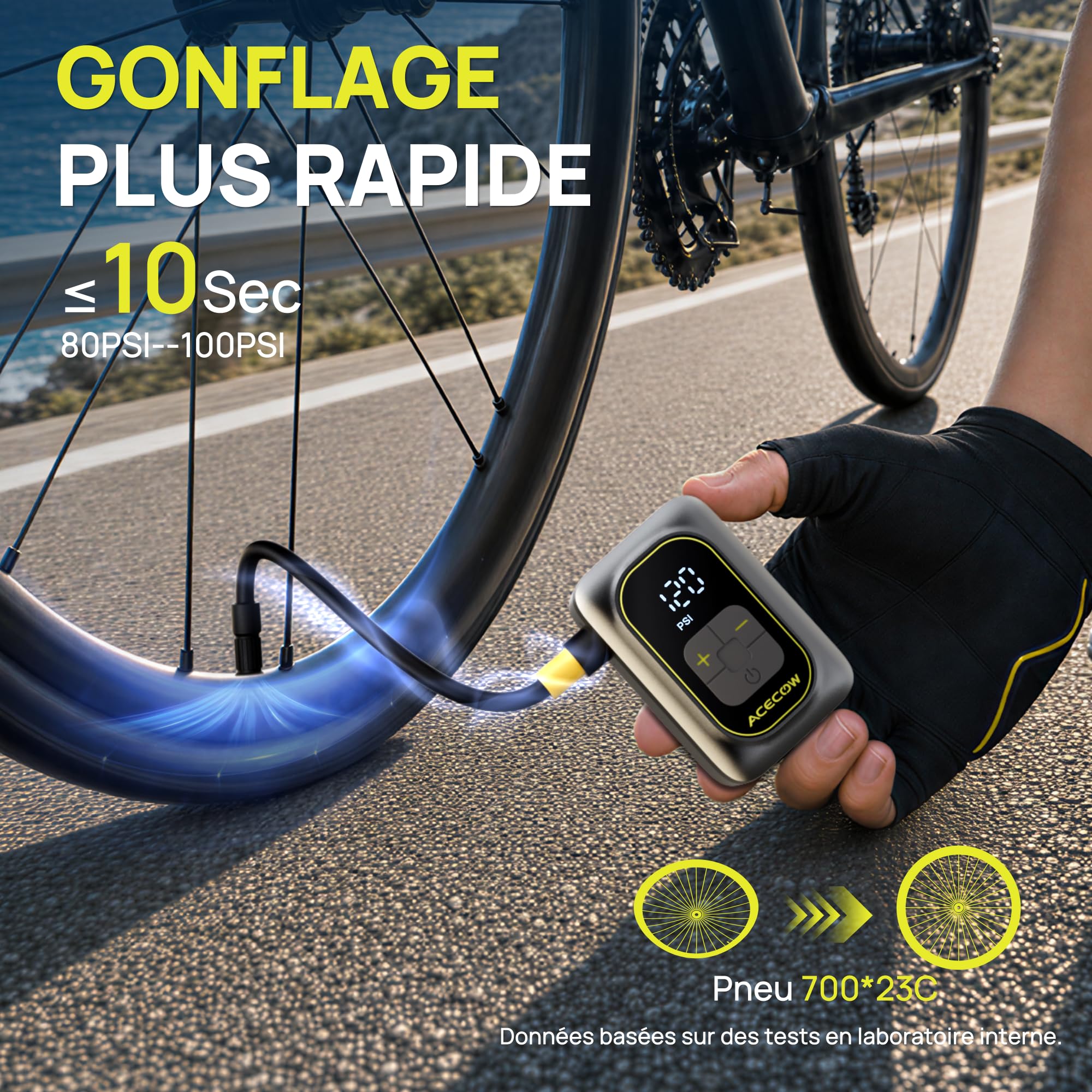 Mini Pompe à Vélo Électrique,120 PSI Gonfleur Électrique Portable avec Manomètre & Arrêt Automatique,Rechargeable avec Flexible,Valve Presta & Schrader pour Vélo de Route,VTT,Gravel,E-Bike