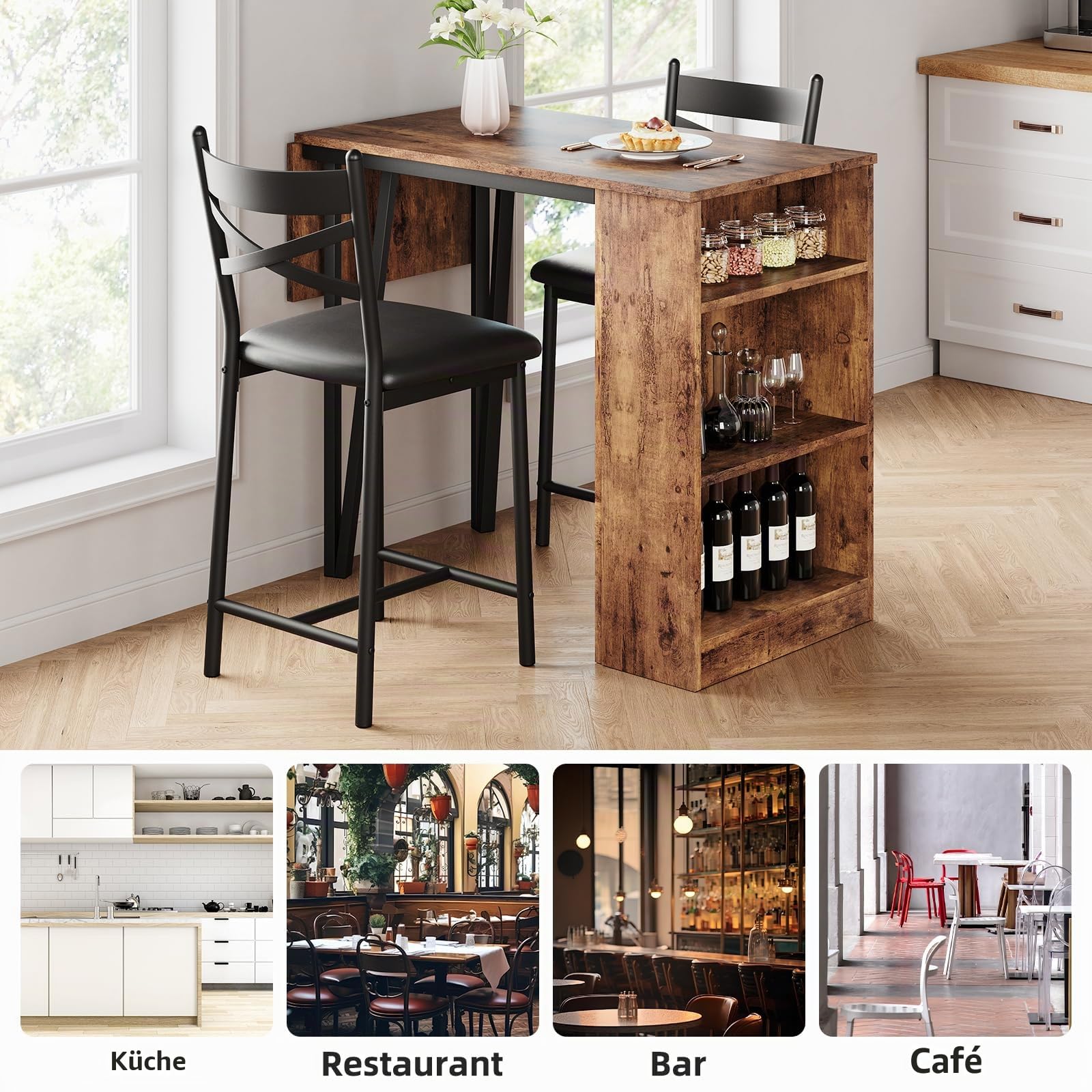 Kompakt und platzsparend, 3-teiliges Esszimmer-Set für 2 Personen – ausziehbarer Bartisch mit 3 Ablagen – 2 gepolsterte Hocker – ideal für Küche, kleine Räume, Wohnung – Stil