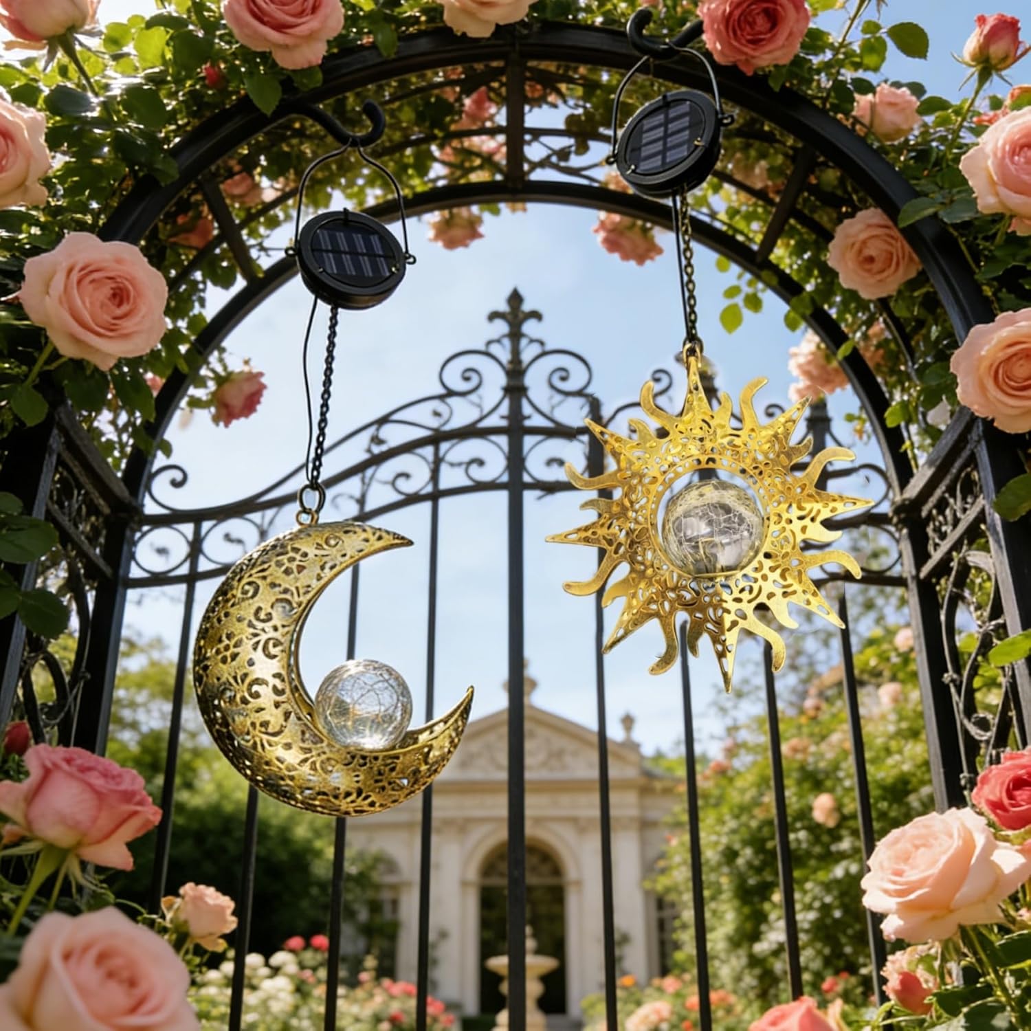 Solar Hanging Sun & Moon Lights Set for Outside,2 Pack Metal Lanterns Pierced Carving Soothing Lamp, Large Decorations for Yard Garden Patio Proch Tree Wall, Christmas Gifts for Women Mom - Image 8