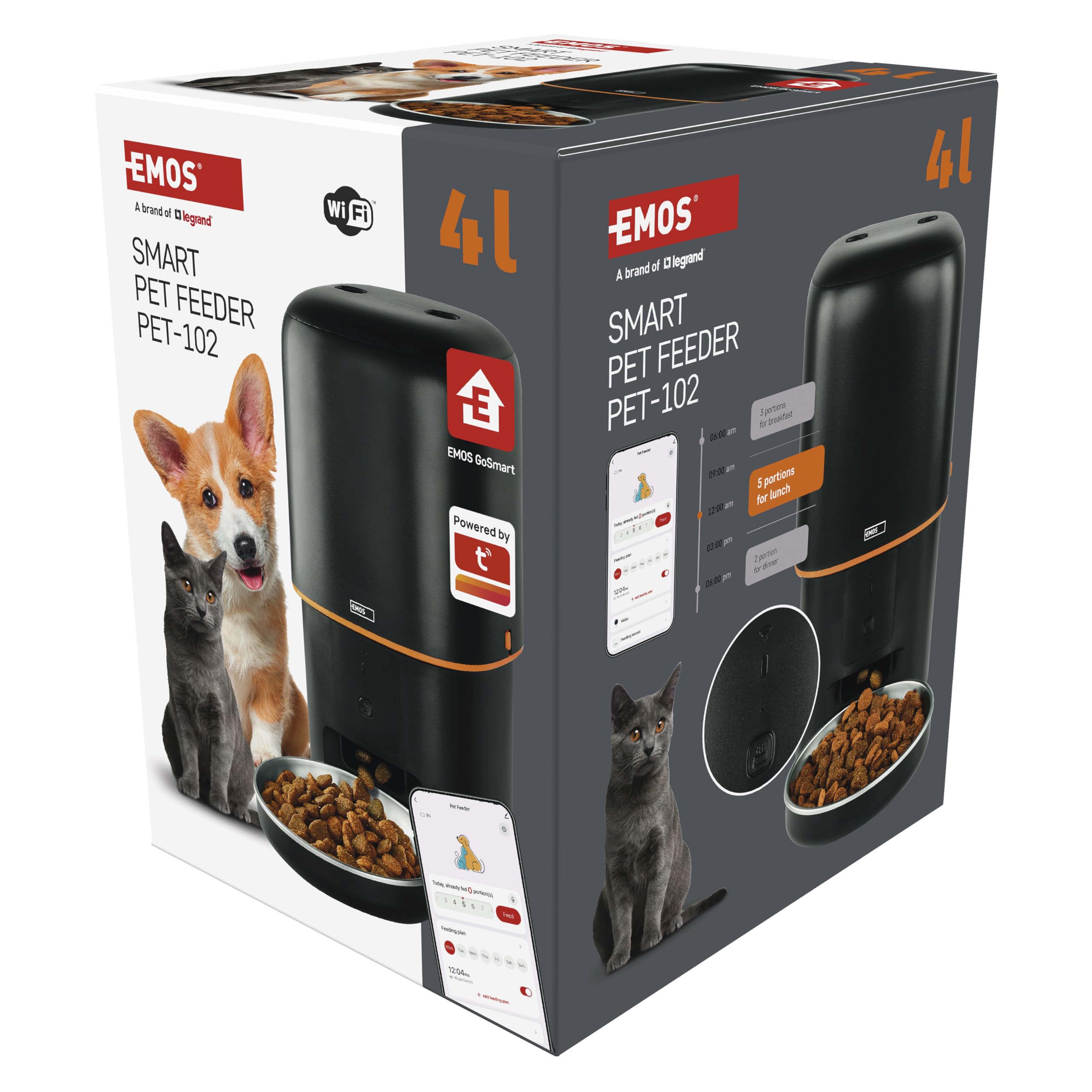 EMOS - GoSmart Futterautomat 4 l - WLAN Pet Care Futterspender mit App - Trockenfutter Automat für Katze & Hund mit Zeitplan, Sprachaufzeichnung, Dosierung 1–10 Mahlzeiten pro Tag - Schwarz