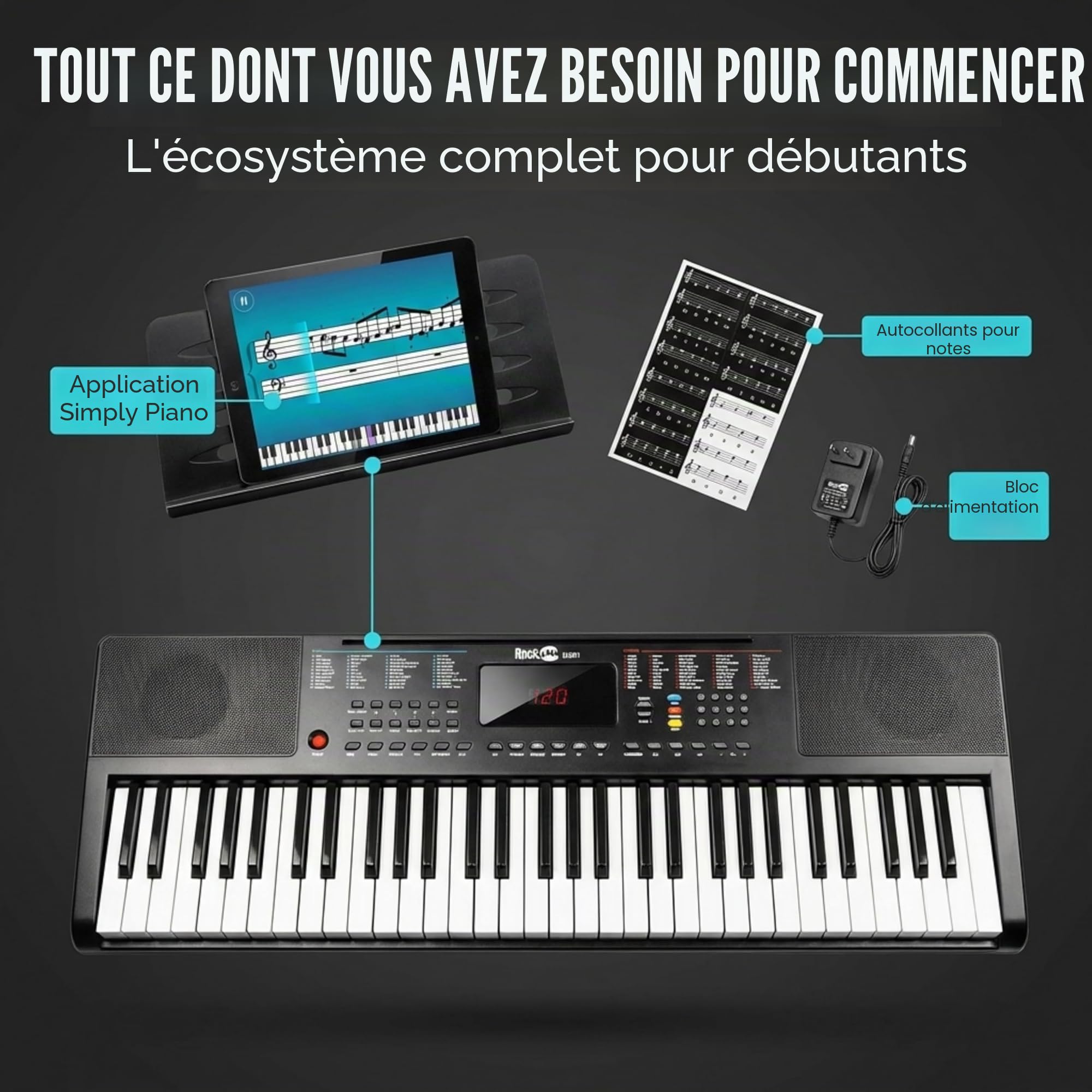RockJam Clavier musical compact 61 touches avec support, alimentation et application Simply Piano