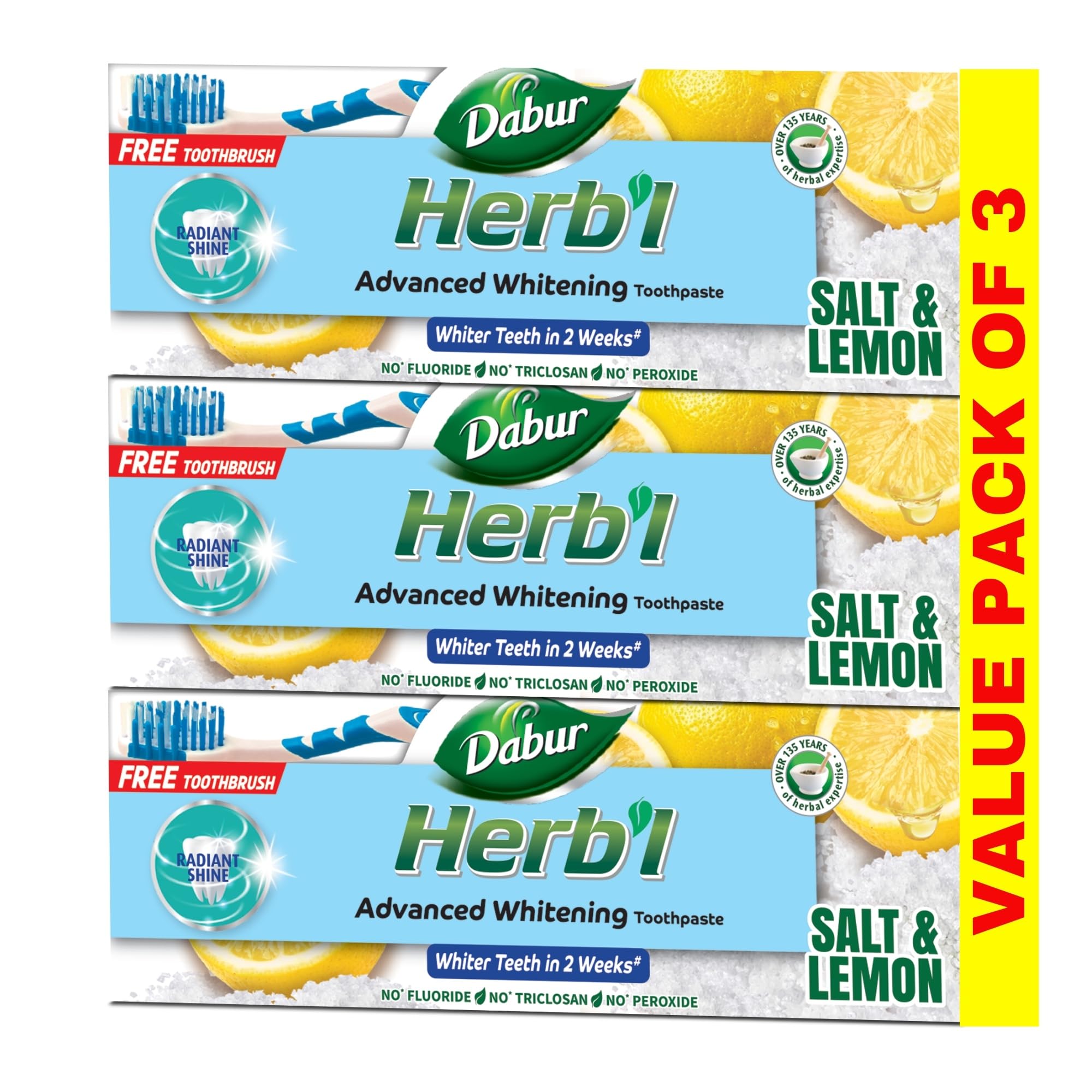 Dabur Herbal Whitening Natural Toothpaste (3 x 150g + Toothbrush) | Enriched With Salt and Lemon | For Sparkling Shine & Super White Teeth | Value Pack