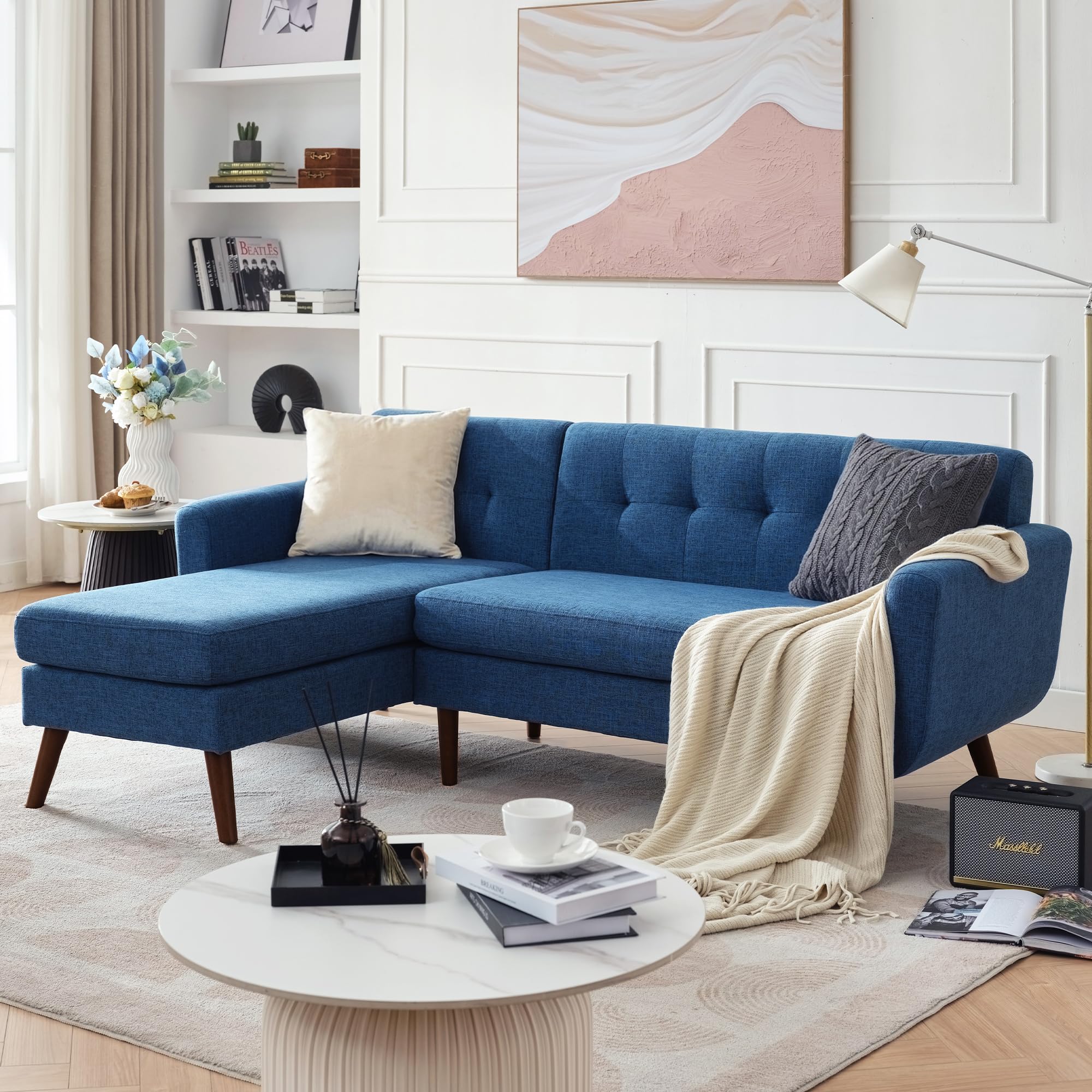 Tbfit L Shaped Couch Sofa, 80" W Mid-Century Modern Sectional Couches, 3 Seater Sofas with Wide Chaise Lounge, Button Tufted Upholstered Sectional Sofa for Living Room, Bedroom, Blue | linen fabric, button tufted, solid wood foot, pocket spring, wood slats frame