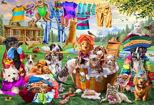 Vermont Christmas Company Pet Wash - Rompecabezas divertido de 100 piezas con temática de mascotas para niños y adultos, piezas grandes entrelazadas