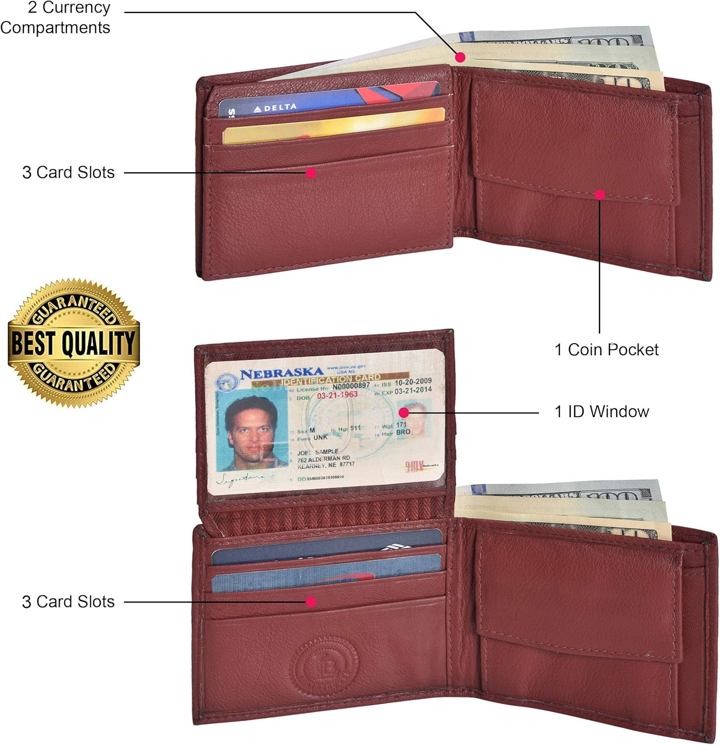 Leatherboss leather Boys Slim Compact Flap Id Coin Pocket Bifold Wallet with debit credit card holder, Brown - Image 2