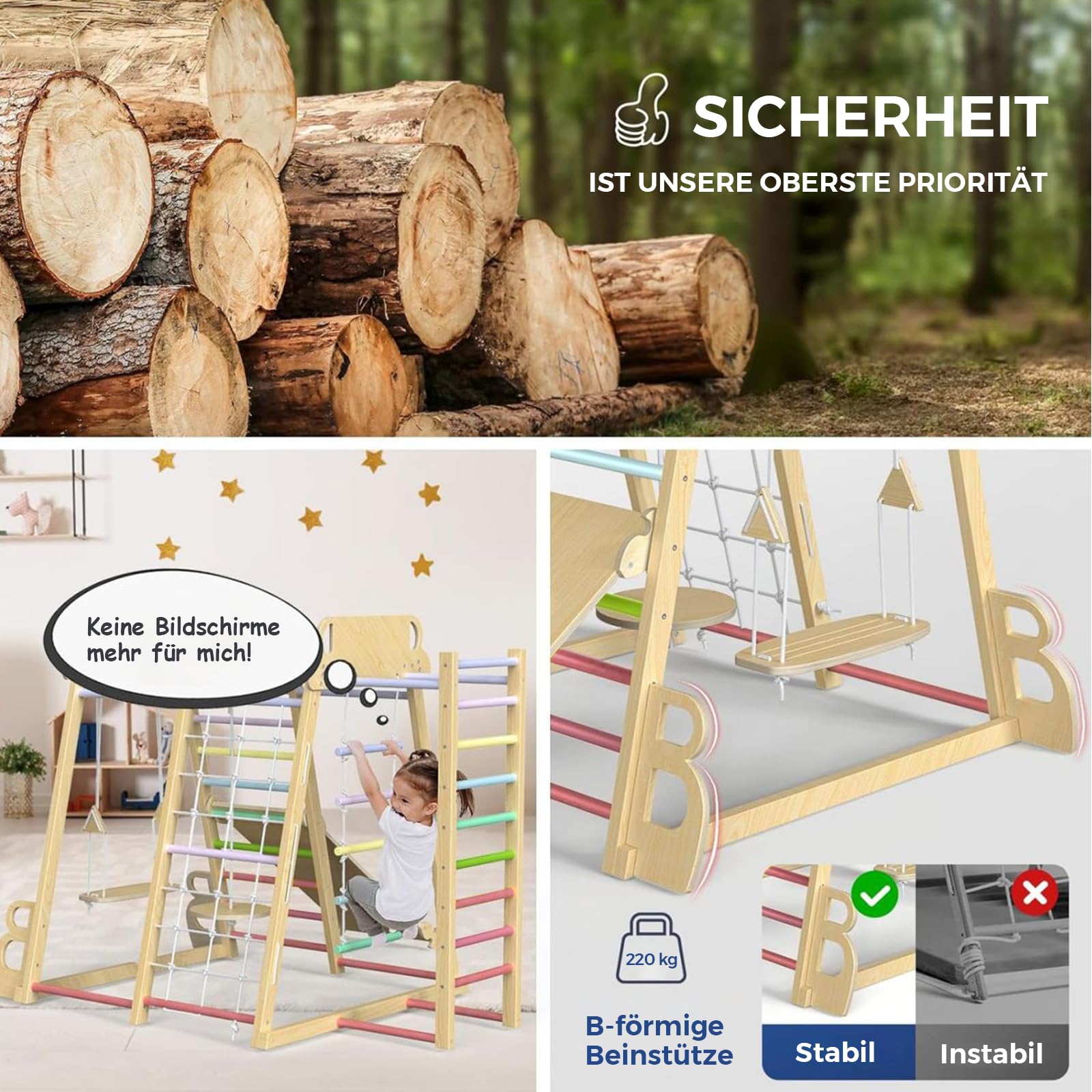 Maxi Klettergerüst Indoor, 10 in 1 Multifunktional Klettergerüst ab 1 Jahr, Montessori Spielplatz aus Holz mit Rutsche, Schaukel, Kletternetz, Kletterwand, Robust und sicher Kletterausrüstung