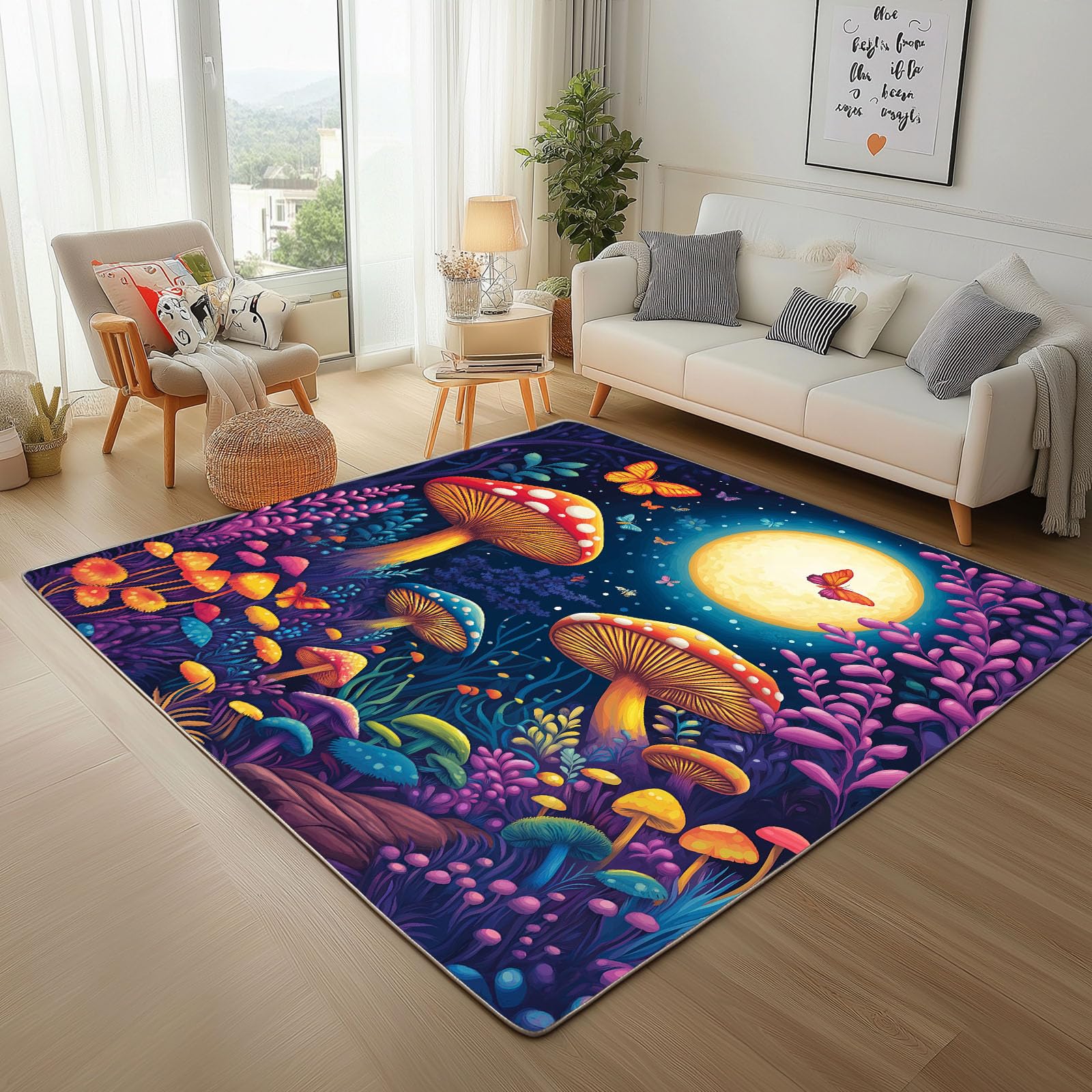Tapis jungle doux et mince à poil ras avec motif papillon lune