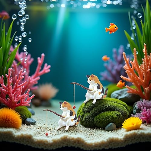 Miniatura 7 de 2 figuras de pesca de gato, bonita decoración de estatua de gato, mini decoraciones de resina, escultura artesanal para tanques de acuario,