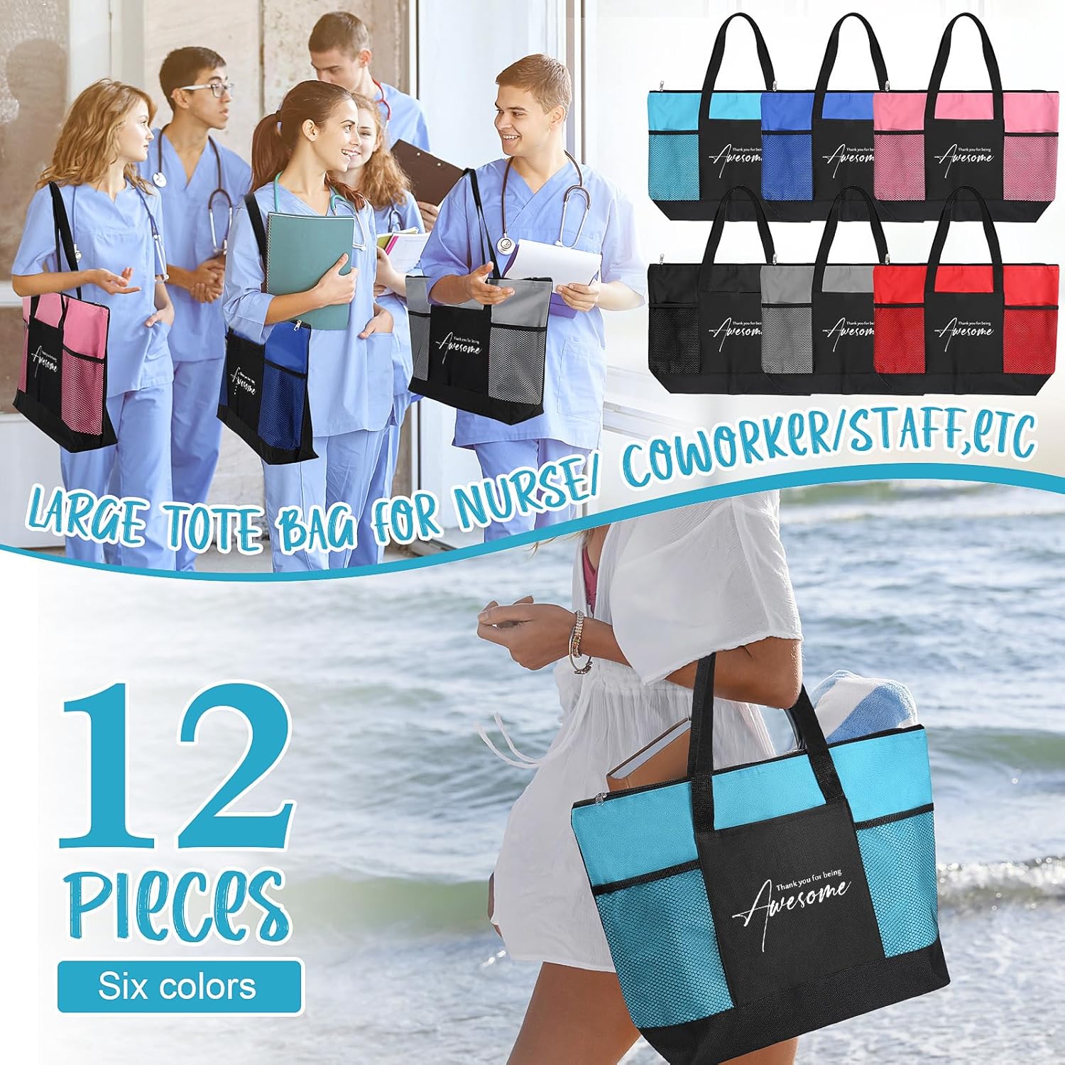 Paterr 12 Pcs Employee Appreciation Gifts Bulk Thank You Zipper Tote Bag with Mesh Pocket for Staff Coworker Team Teacher (Colorful) - Image 6