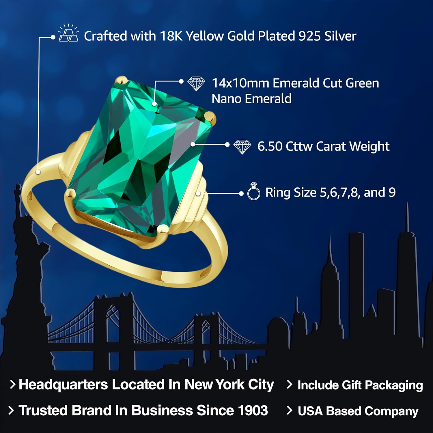 Gem Stone King 5-10 Cttw Gemstone Birthstone Solitaire Engagement Ring For Women | 18K Yellow Gold Plated Silver | Emerald Cut 14X10MM | Available In Size 5, 6, 7, 8, 9