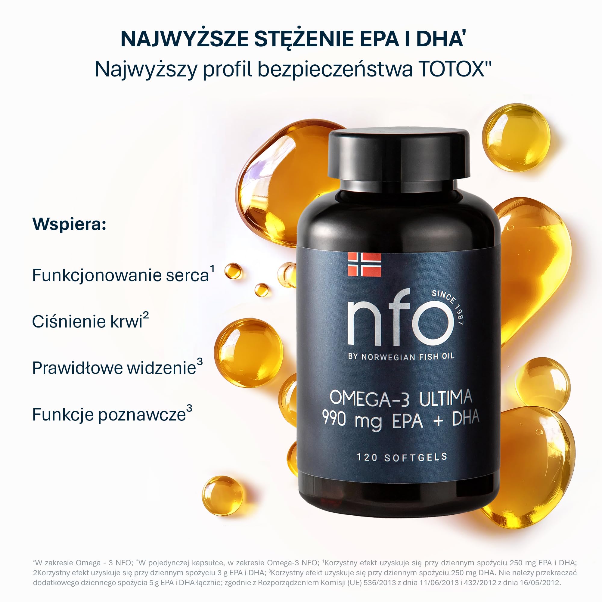 NFO OMEGA 3 ULTIMA [120 kapsułek] Norweski olej rybny kapsułki o najwyższym stężeniu EPA i DHA jako rTG i witamina E, olej rybny Omega 3 kapsułki, wysokie dawki, kompleks oleju Omega 3, wysoka dawka