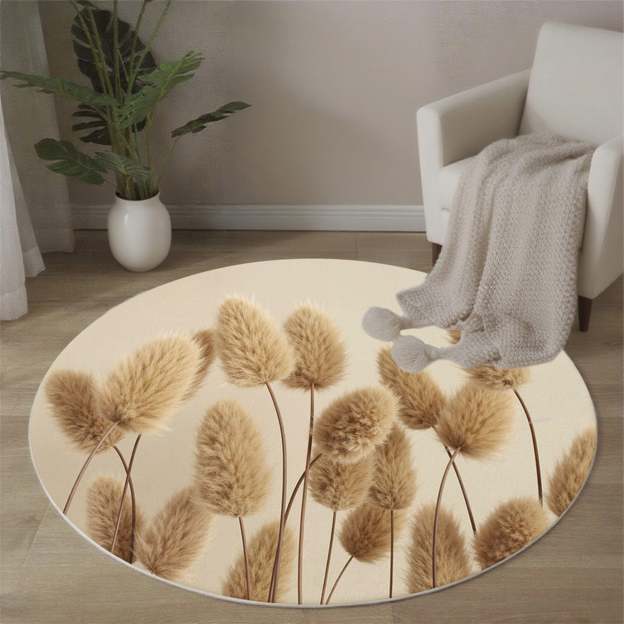 Alfombra Redonda Hierba Cola Conejo Esponjosa, 100cm Alfombras de Pelo Corto Suave Sencillez Natural Tapetes Antideslizante y Lavables para Sala de Estar, Dormitorio y Habitación Infantil, Beige