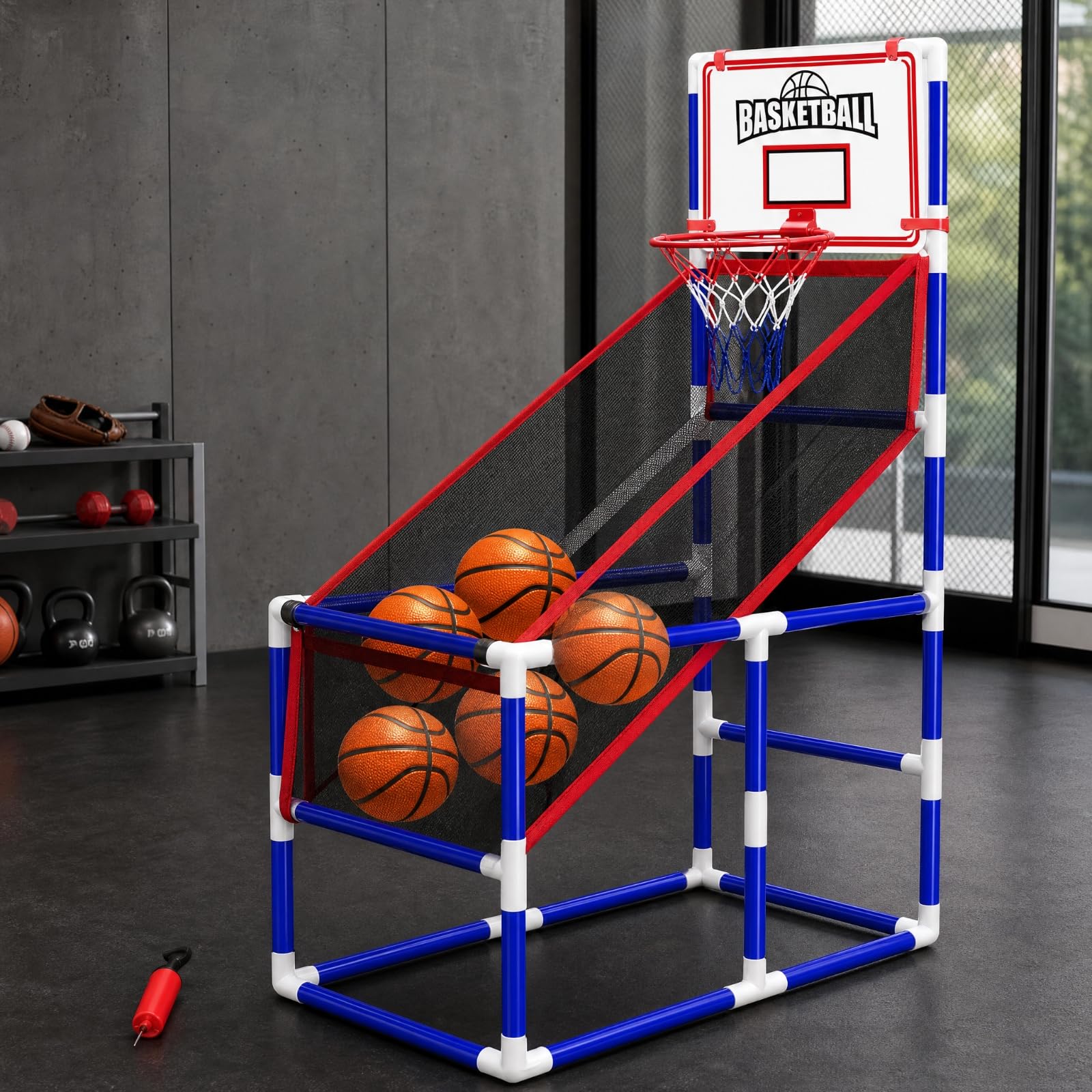 Set Baloncesto con Bomba Inflado | Compacto, Baloncesto con Soporte Inpendiente, Colores Vibrantes, para Patio