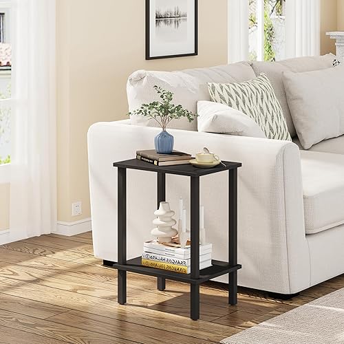 Miniatura 2 de TUTOTAK TB01BK035 - Mesa auxiliar, mesita de noche con estante de almacenamiento de 2 niveles, para espacios pequeños, 2 unidades Negro,Marrón,Gris