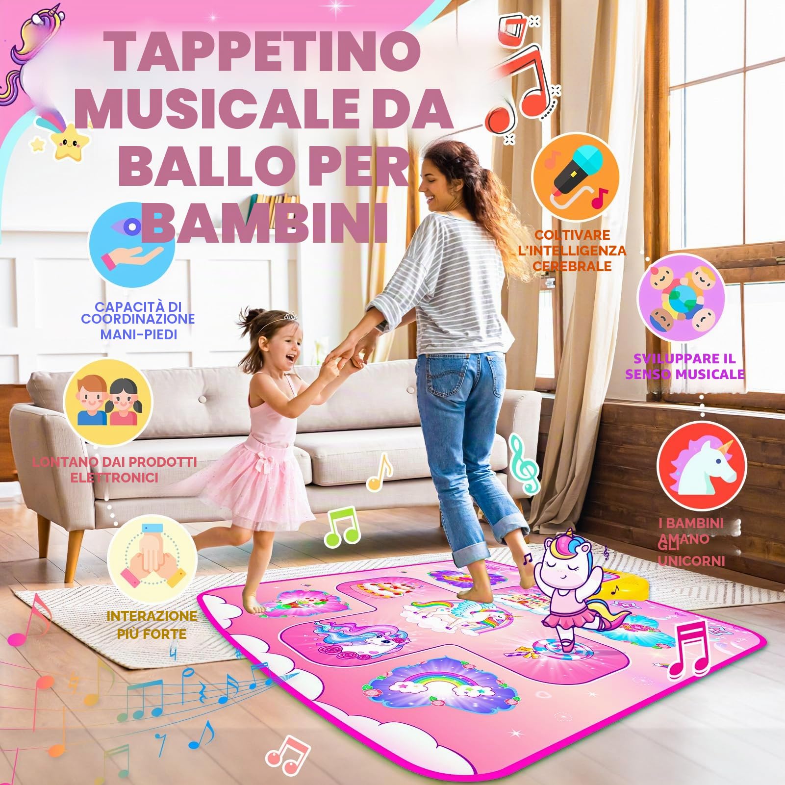 Giocattolo Tappetino da Ballo,Regali per Bambini da 2 3 4 5 6 + Anni Ragazze, Giocattolo Tappeto da Ballo Unicorno da 3 4 5 6 + Anni Ragazze, Regalo Ragazze,5 Livelli di Danza,Compleanno Natale