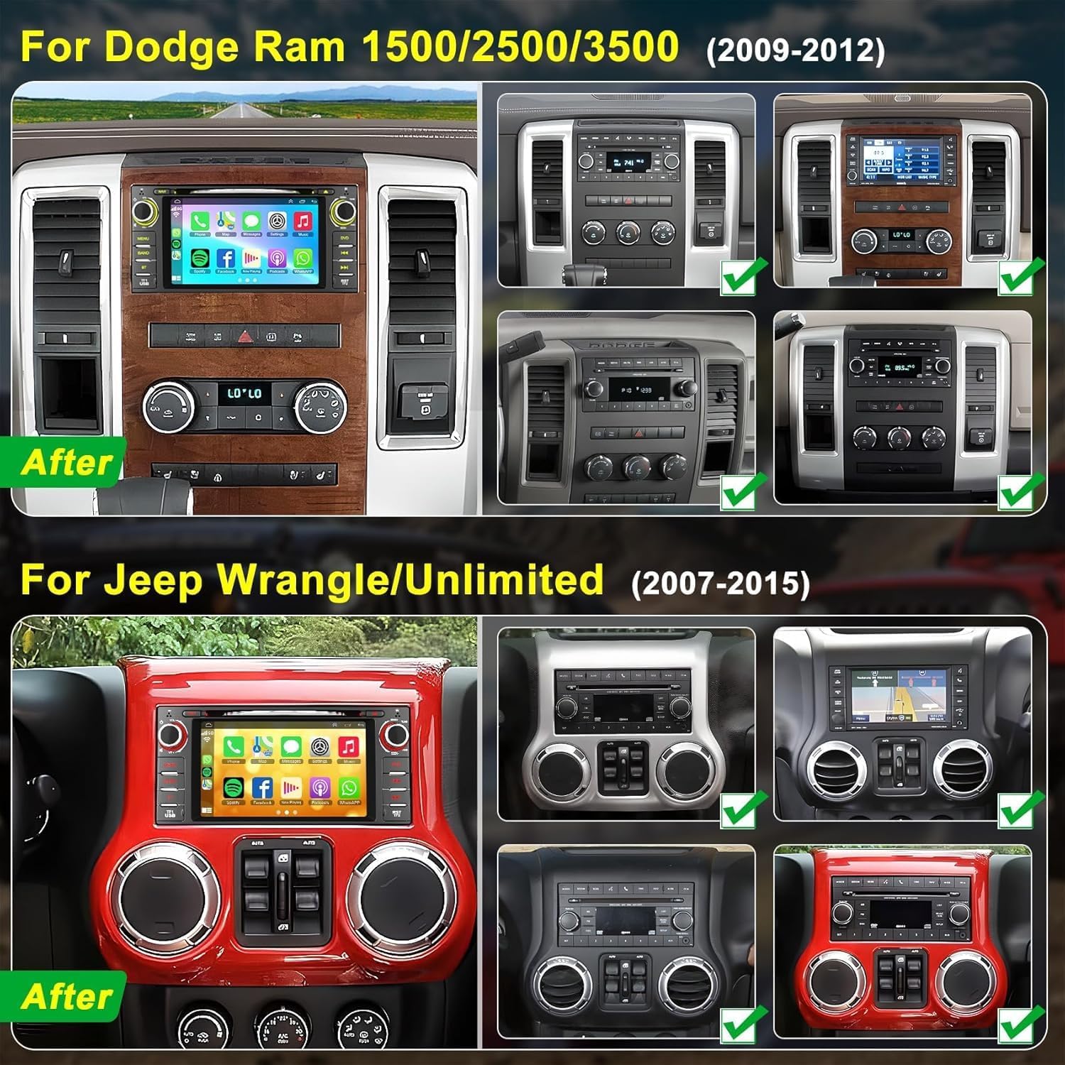 Car Radio Stereo with CD/DVD Player for Dodge RAM 1500 2500 3500 (2009-2012), for Jeep Wrangle/Unlimited (2007-2015),7 Inch Head Unit with CarPlay & Android Auto,Bluetooth & GPS Navigation