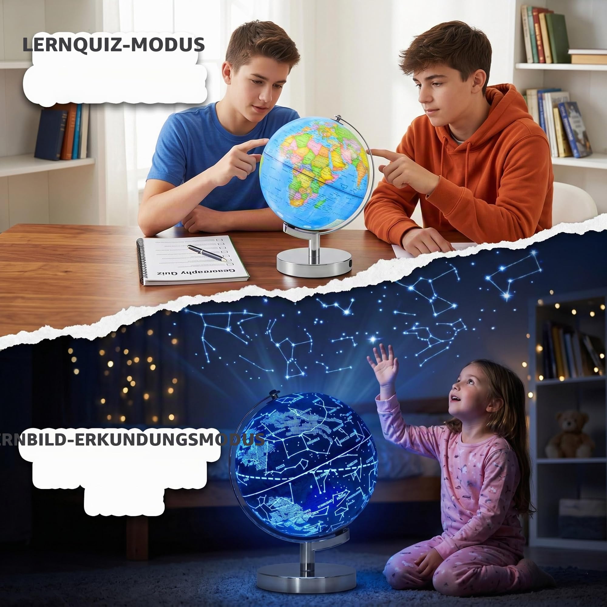 Marke 9-in-1 Beleuchteter Globus 20 cm für Kinder & Erwachsene, Weltkugel mit 88 Sternbildern, Touch LED Farbwechsel Lampe für STEM Geografie, Nachtlicht für Kinderzimmer, Büro & Klassenzimmer