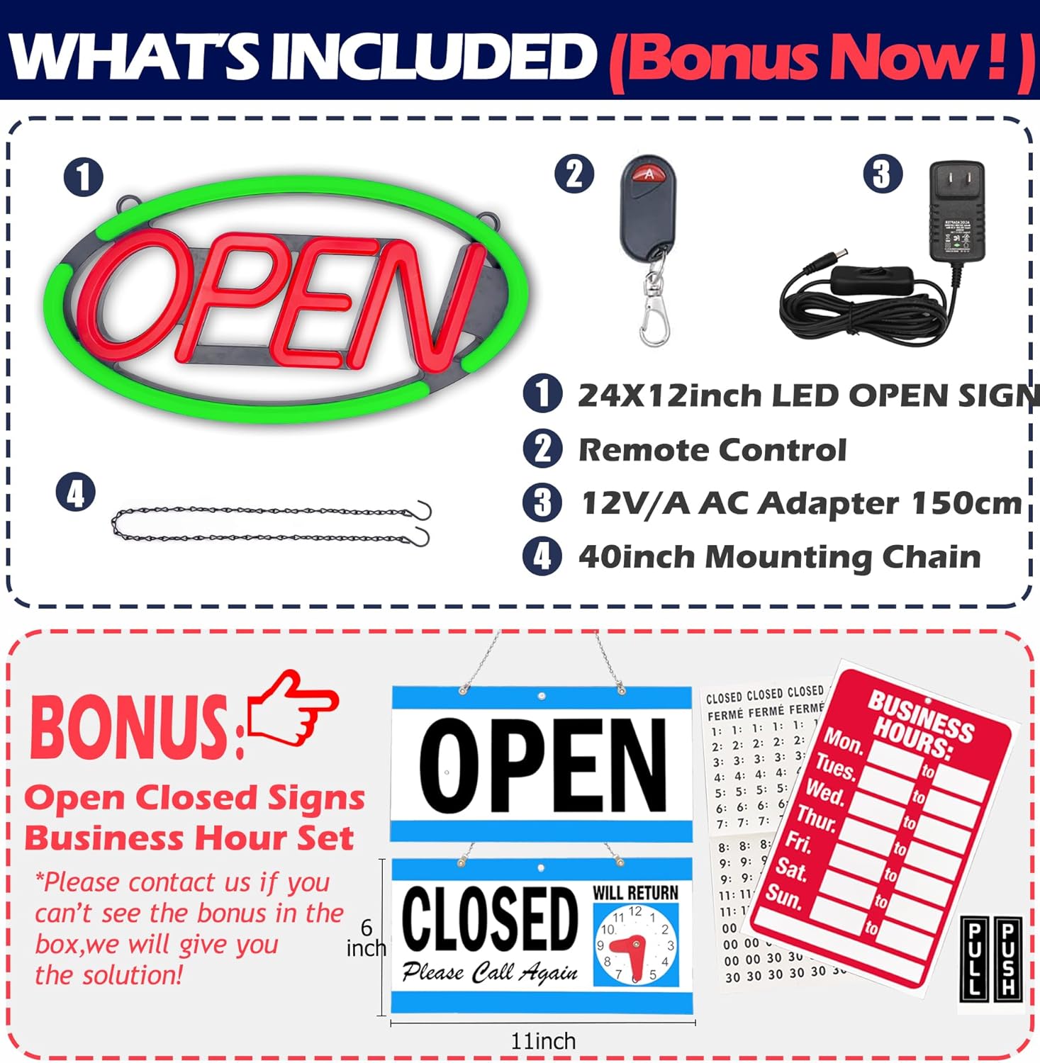 LED Open Sign,Bright Open Sign for Business Window with Remote Control,24x12 inch Large Size,Restaurant,Bar,Retail Shops,Window Storefronts,Salon,12V/2A Power Supply (Green-Red)