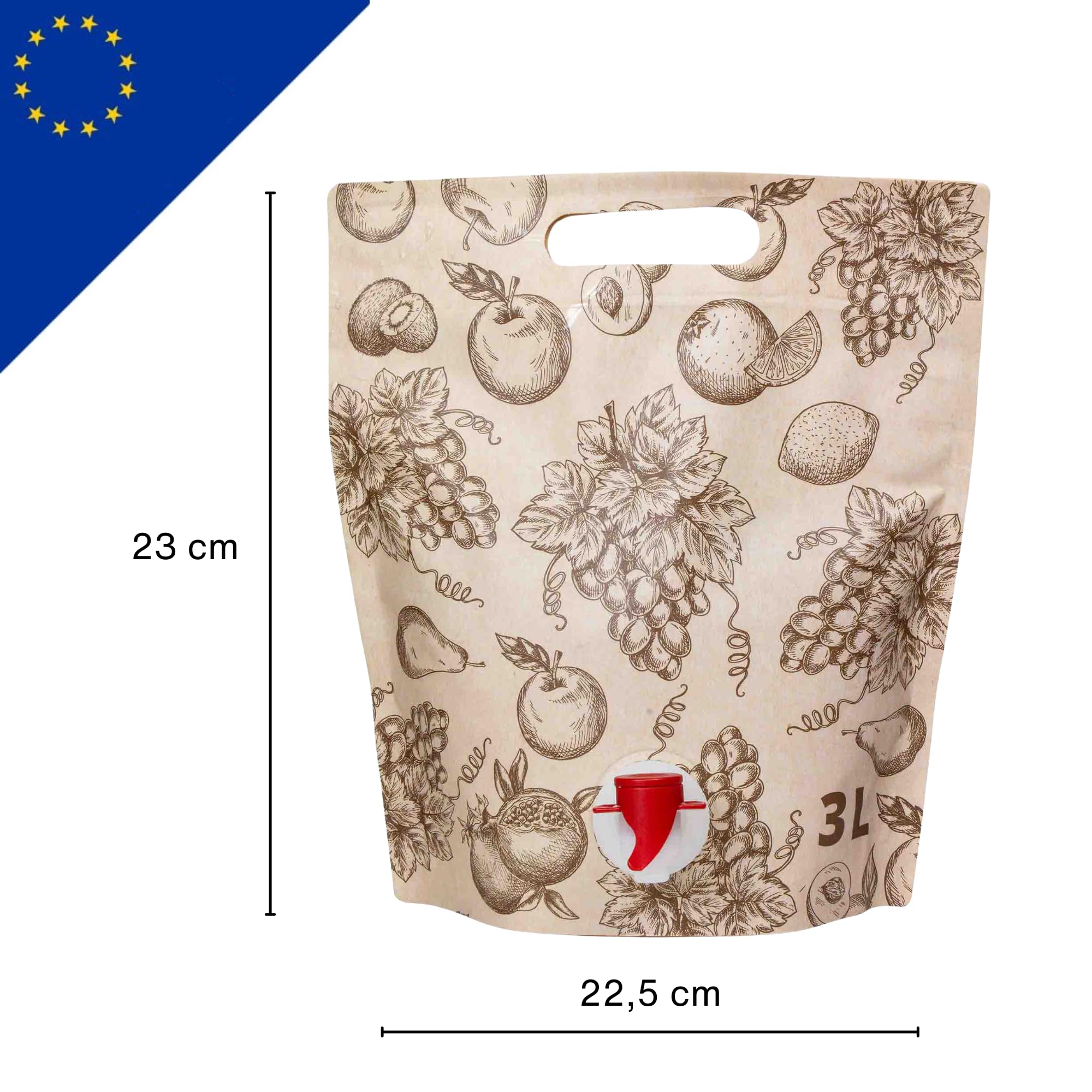 50 STK. Standbeutel mit Fruchtmotiv 3L Bag in Box – Ideal für Saft, Wein, Flüssigkeiten – Auslaufhahn & Tragegriff – BPA-frei – Wiederverwendbarer Getränkebeutel