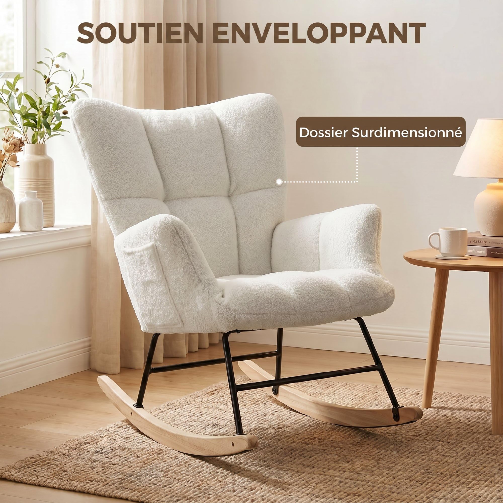 HOMCOM Fauteuil à Bascule, Assise Rembourrée, Poches Latérales, Crème