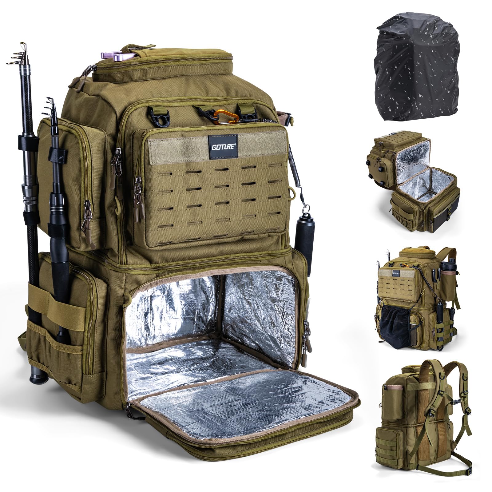 Goture Doppelstöckiger Angelrucksack – 53L wasserdichte Angelgerätetasche mit Exklusivem Fachkonzept, Isolierschicht & Regenschutz, 600D Oxford Eva-Bezug mit 2 Rutenhaltern, Platz für 4 Köderboxen