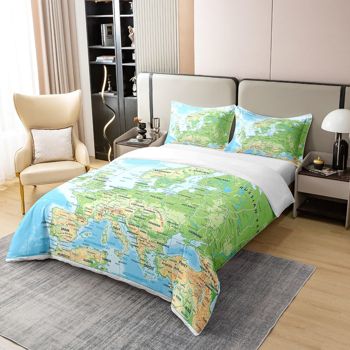 100% Natürliche Baumwolle Weltkarte Tröster Abdeckung 200x200,Blauer Ozean Bettwäsche Set für Kinder,Karte von Verschiedenen Ländern Bettbezug Abstrakte Kunst Quilt Cover Atmungsaktive Zimmer Dekor