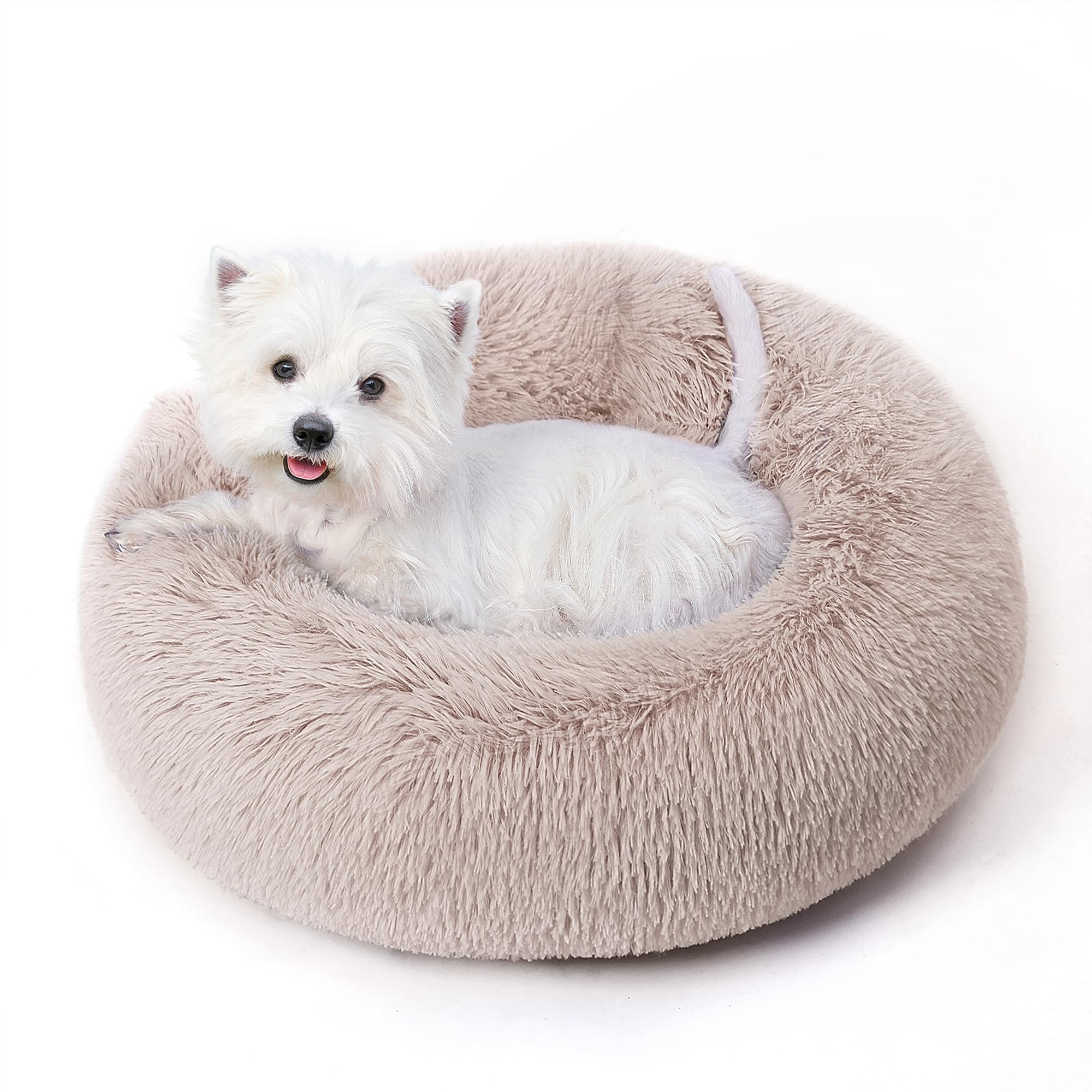 Calming Dog Bed & Cat Bed for Indoor Cats, Medium Size Washable Anti-Slip Anti-Anxiety Donut Dog Beds for Small Dogs & Cats, Fluffy Plush Cozy Round Dog Bed(24 Inch, Light Brown)