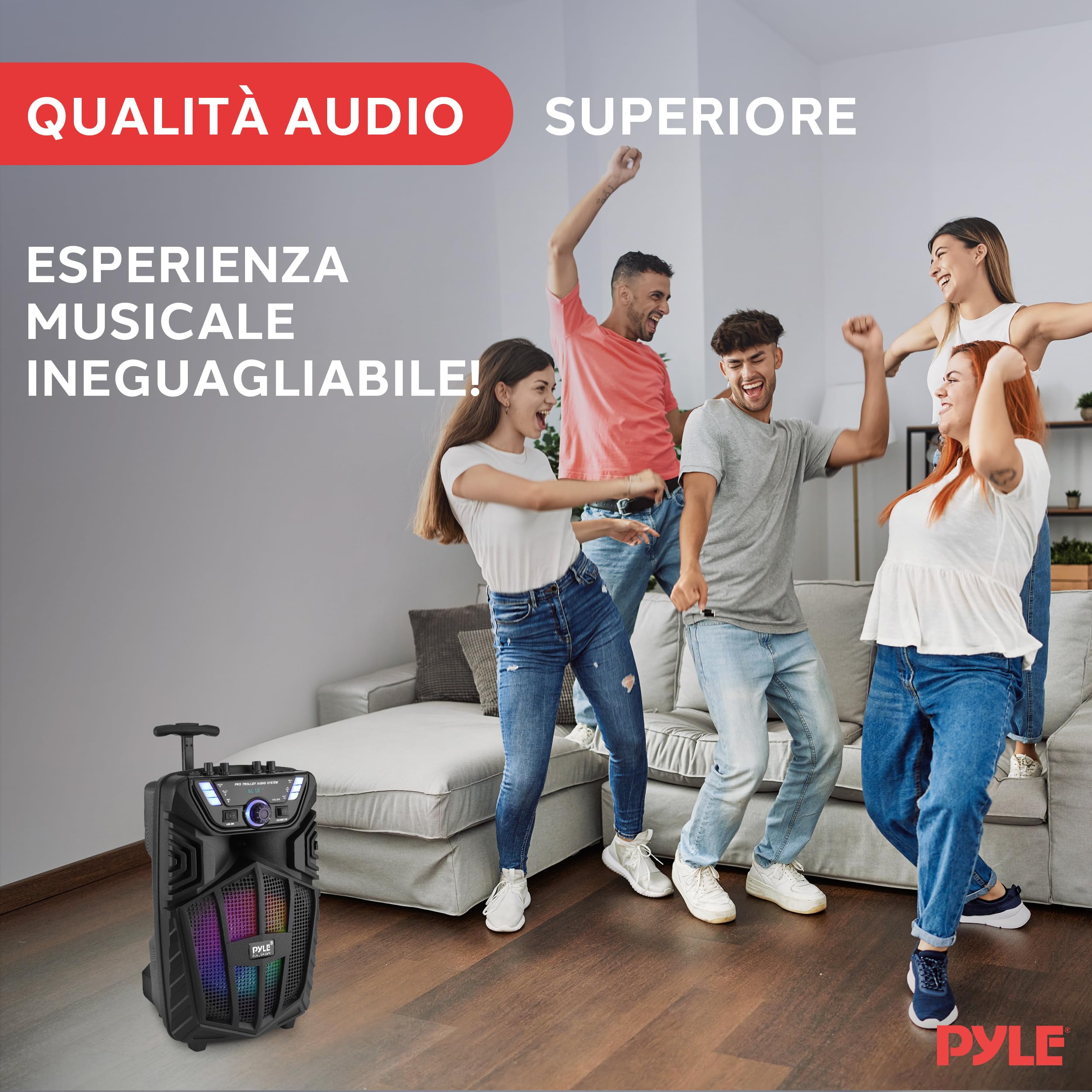 Pyle Cassa Bluetooth Portatile 480W Altoparlante Bluetooth 20,3 cm con Microfono Wireless, Ruote, TWS, Luci LED, Display, Ingressi 6,35 mm, FM/AUX/MP3/USB/SD
