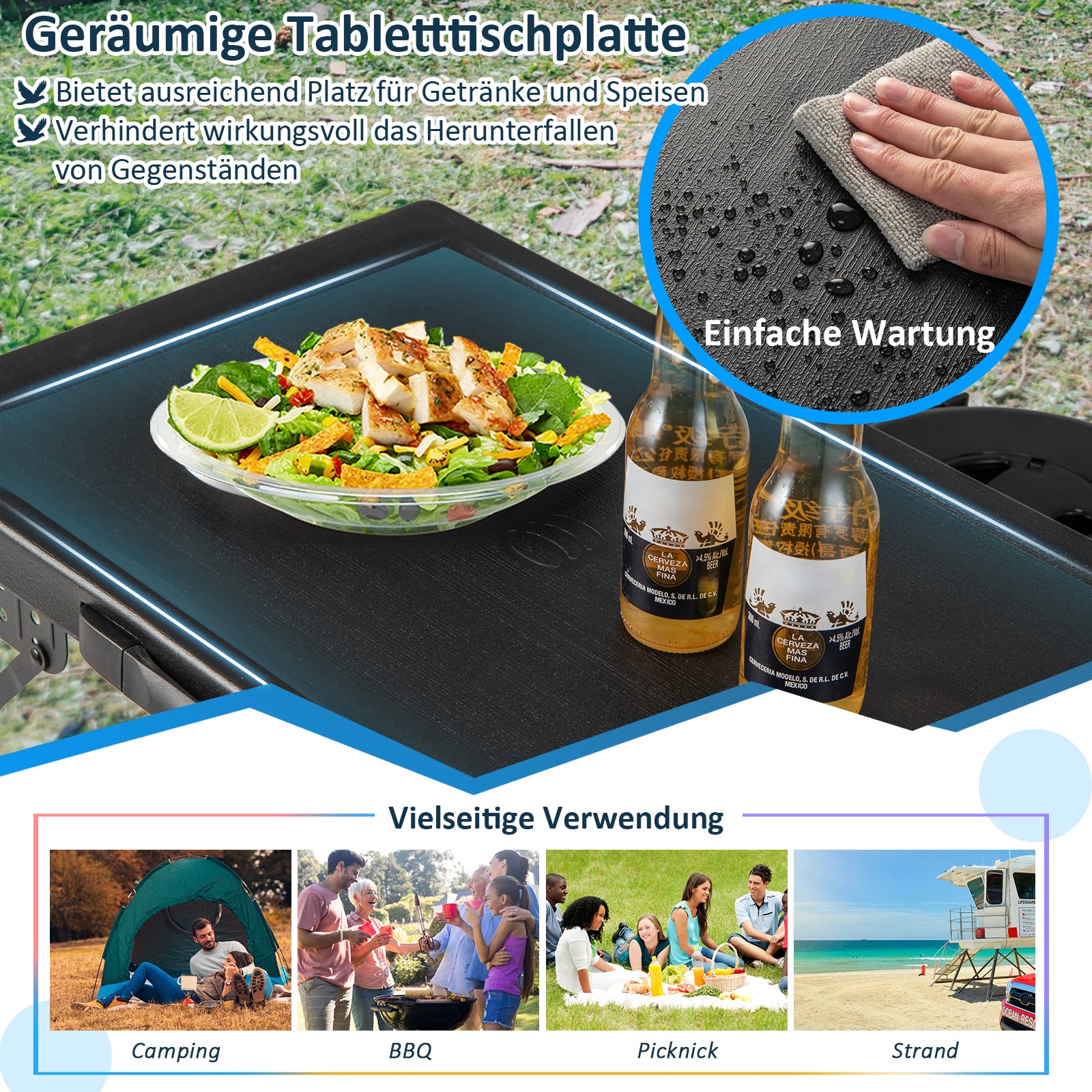 COSTWAY Tragbarer Klapptisch mit 2 LED Teleskophockern, Campingtisch und höhenverstellbarer Hocker, Campinghocker Klapphocker bis 200 kg belastbar, für Camping, Reisen, Angeln