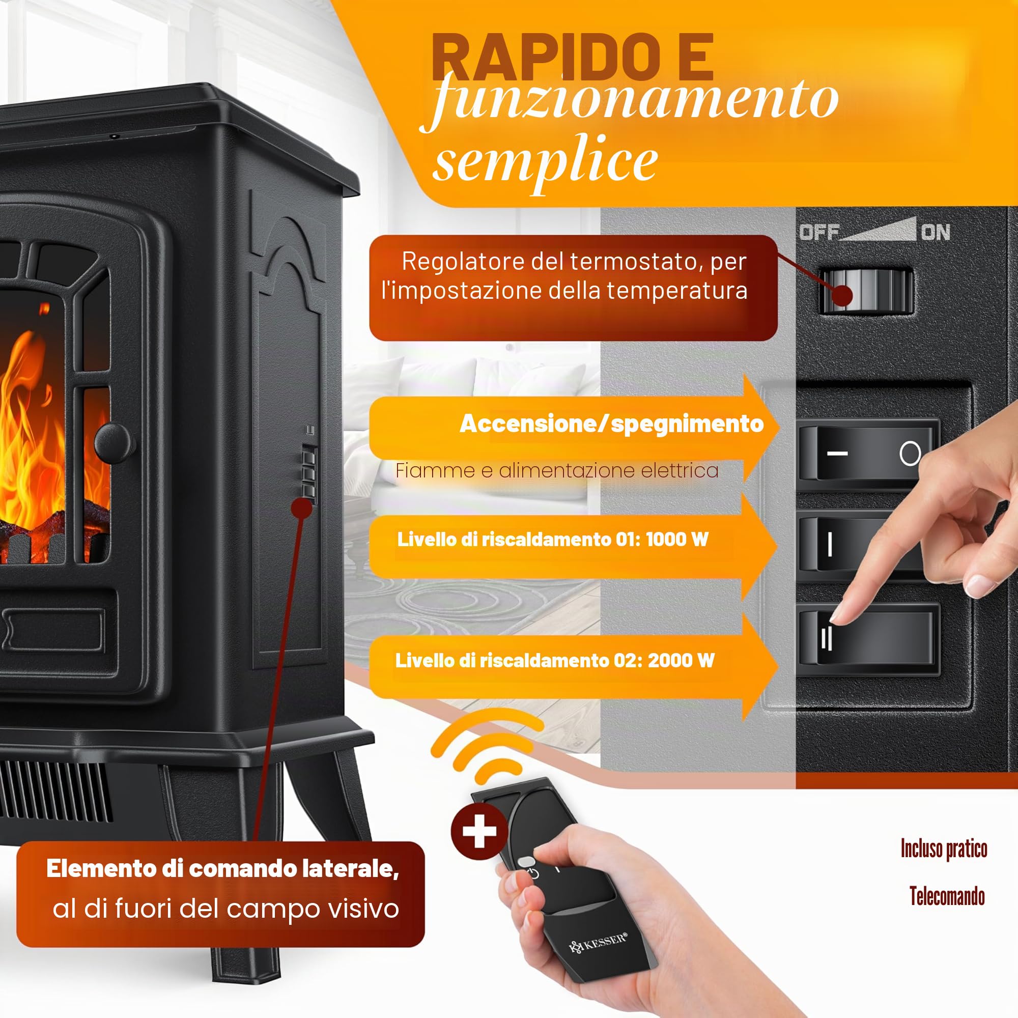 KESSER® Camino elettrico con termoventilatore da 2000W - caminetto elettrico - riscaldamento - effetto fuoco a LED - stufa effetto fiamma - termocamino silenzioso e regolabile, Nero