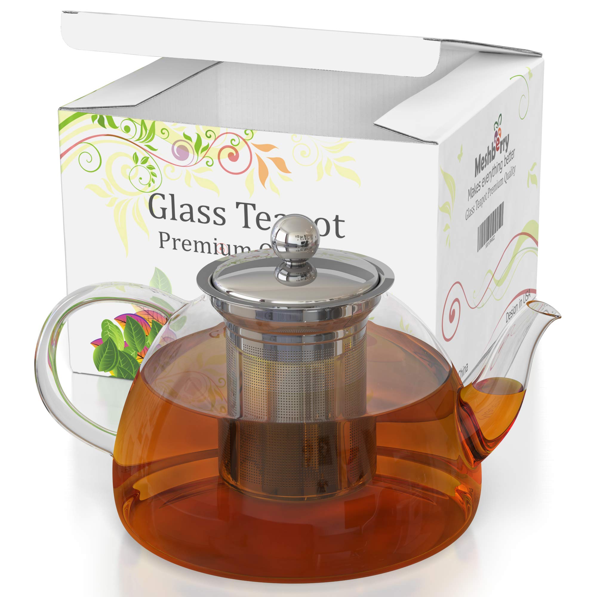 Glass Teapot & Kettle - Tea Pot Strainer and Infuser for Loose Leaf & Blooming & Flowering & Iced & Herbal Tea - Stovetop Safe Tea Maker - Gift Box - 27 oz / 800 ml - holds 3 Cups