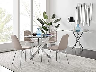 Furniturebox UK Novara Modern Round Chrome Metal and Clear Glass Dining Table and 4 Luxury Corona Silver Dining Chairs Set (Dining Table + 4 Cappuccino Grey Corona Silver Chairs)