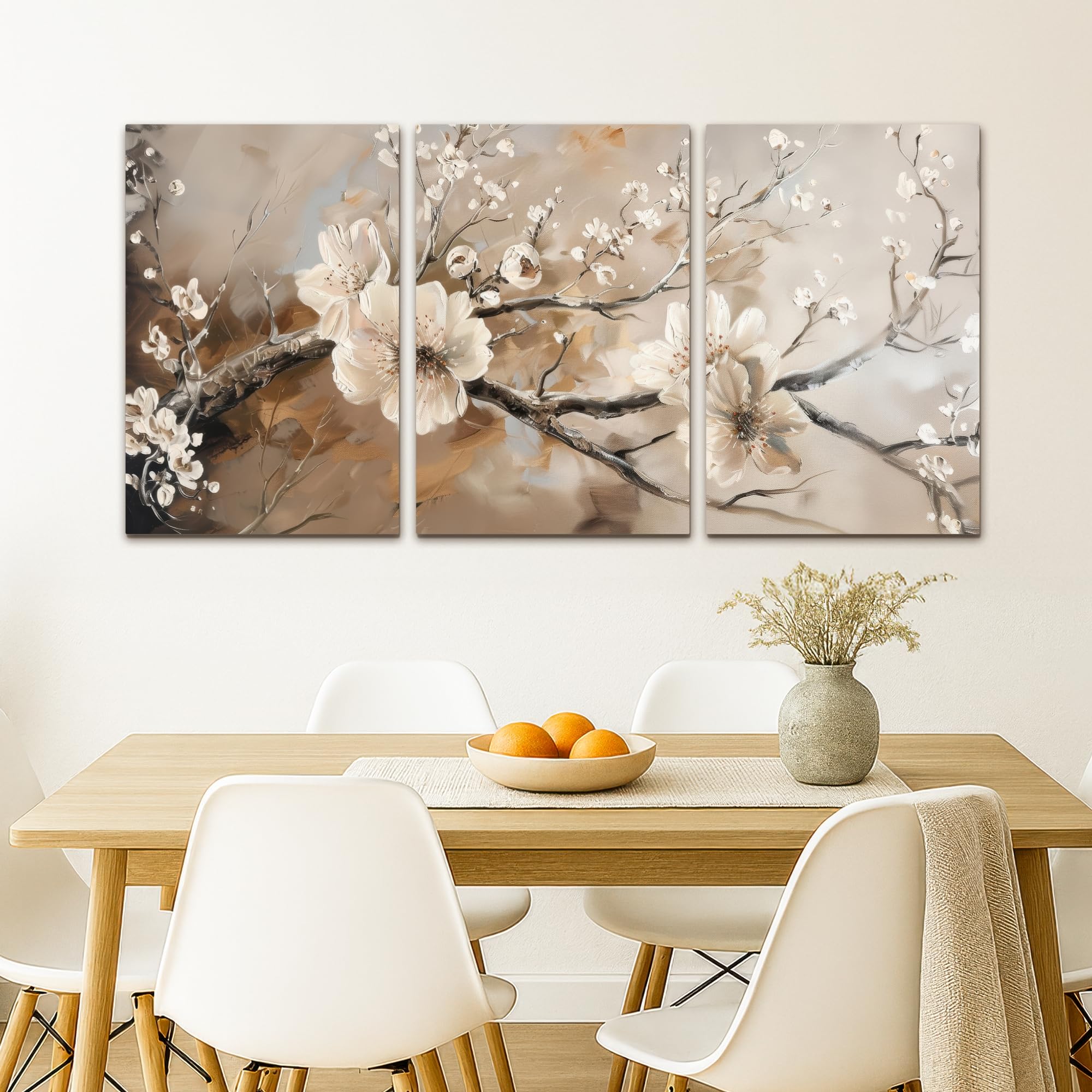 MuchoWow© Wandbilder 3er Set 120x60 cm Wohnzimmer Wanddeko Schlafzimmer Zimmerdeko Wandgemälde Zimmer Deko auf Wand Dekoration Leinwände Blüte - Beige - Abstrakt - Blumen