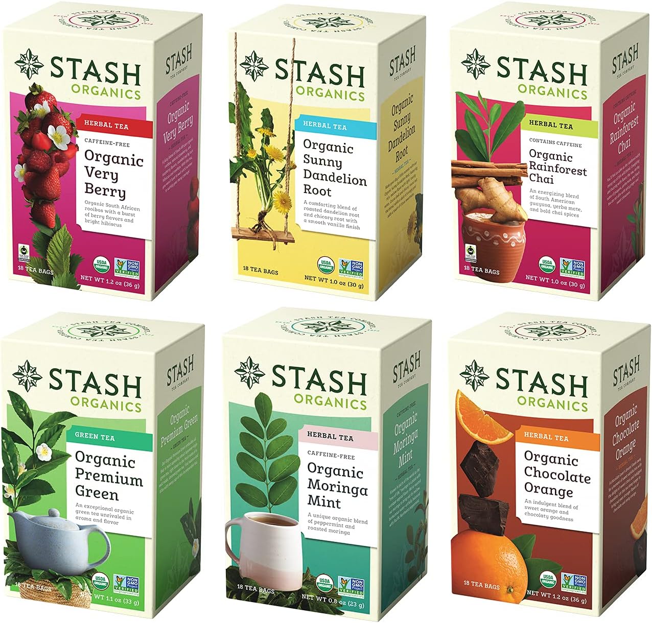 Stash Tea Organic Variety Pack Sampler Assortment - Non-GMO Project Verified Premium Tea with No Artificial Ingredients, 18 Count (Pack of 6) - 108 Bags Total