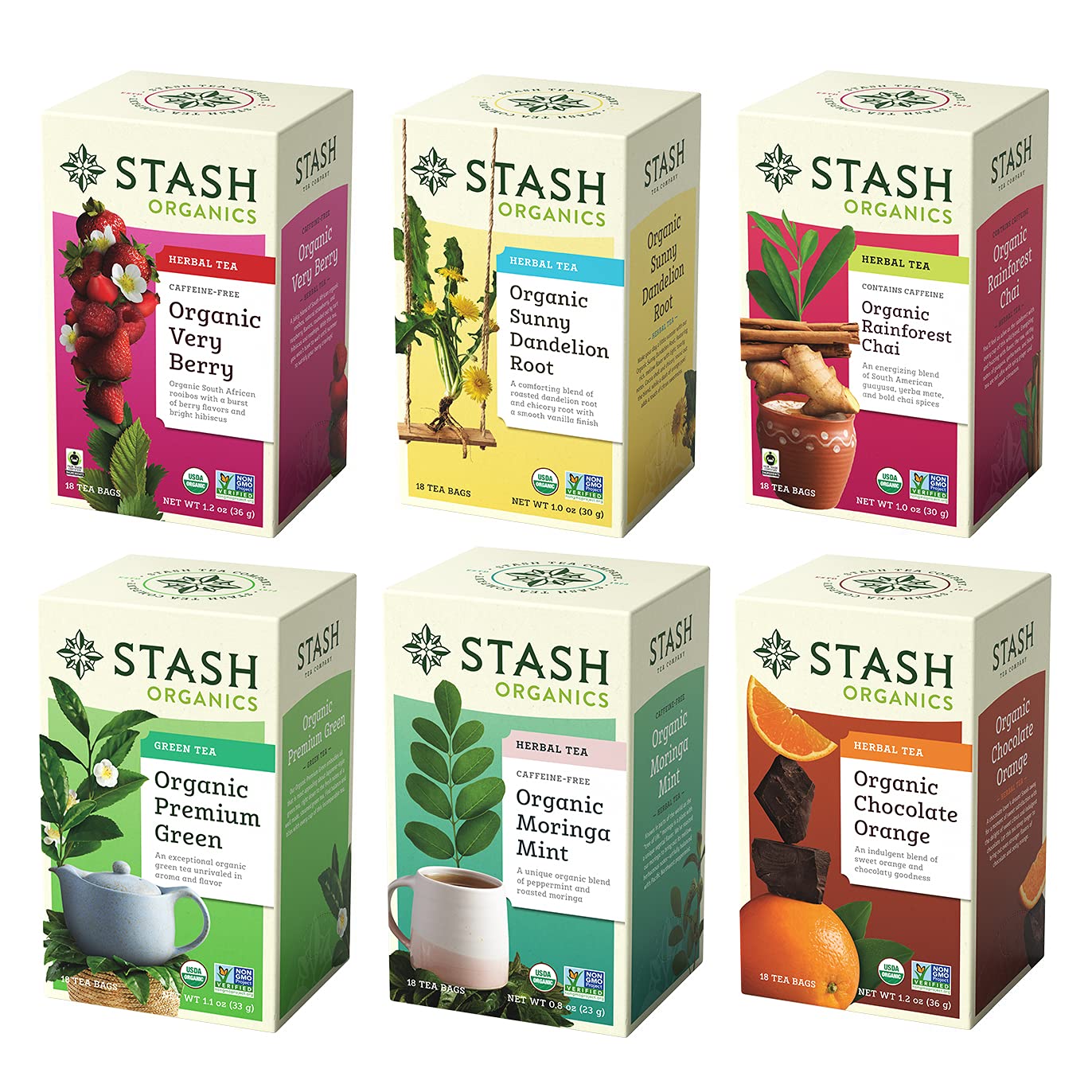 Stash Tea Organic Variety Pack Sampler Assortment - Non-GMO Project Verified Premium Tea with No Artificial Ingredients, 18 Count (Pack of 6) - 108 Bags Total