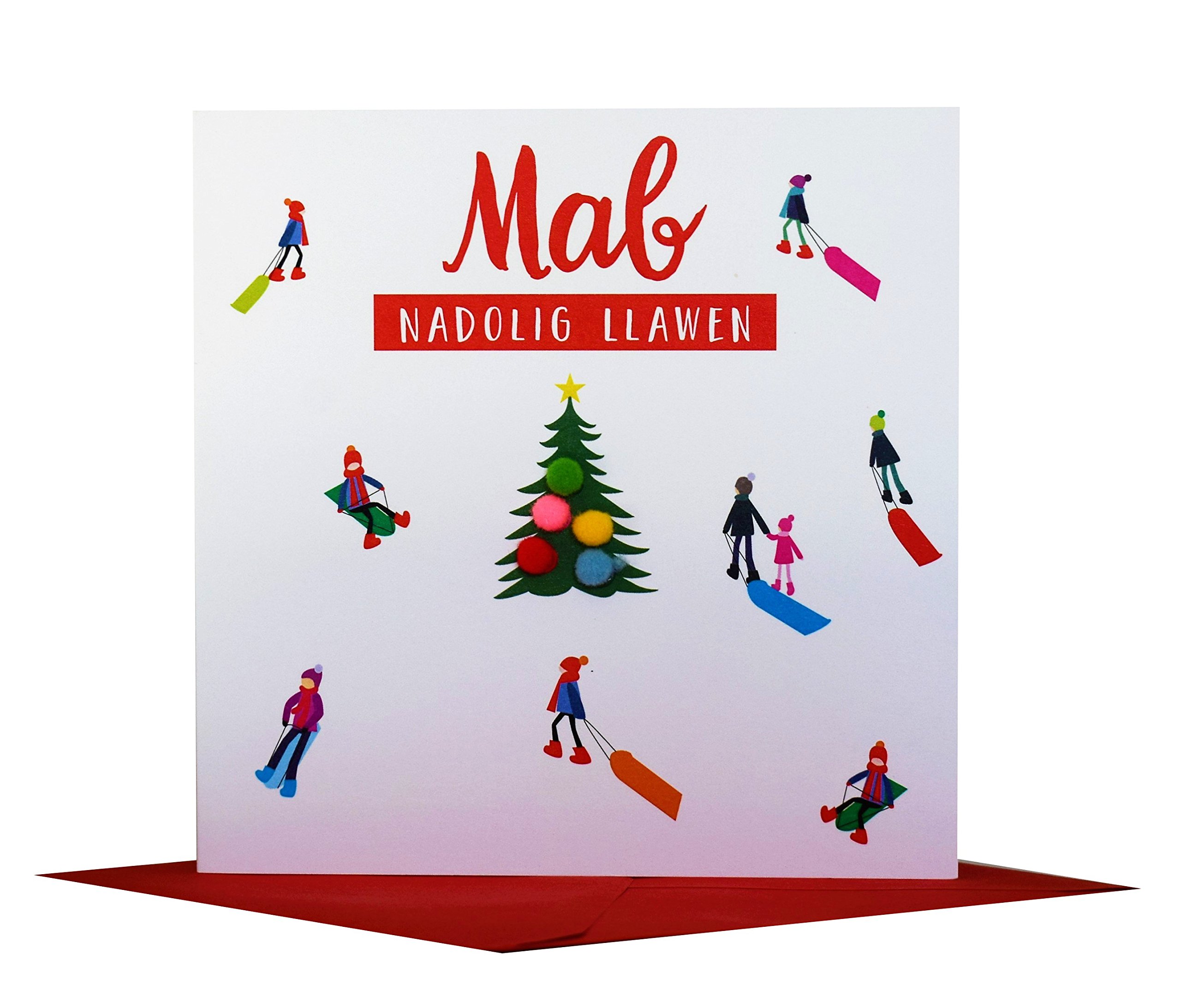 Claire Giles Greeting Cards, Welsh Happy Christmas Son Card, Nadolig Llawen MAB, Sledgers Design Xmas Greeting Card, Embellished with Colourful Pompoms