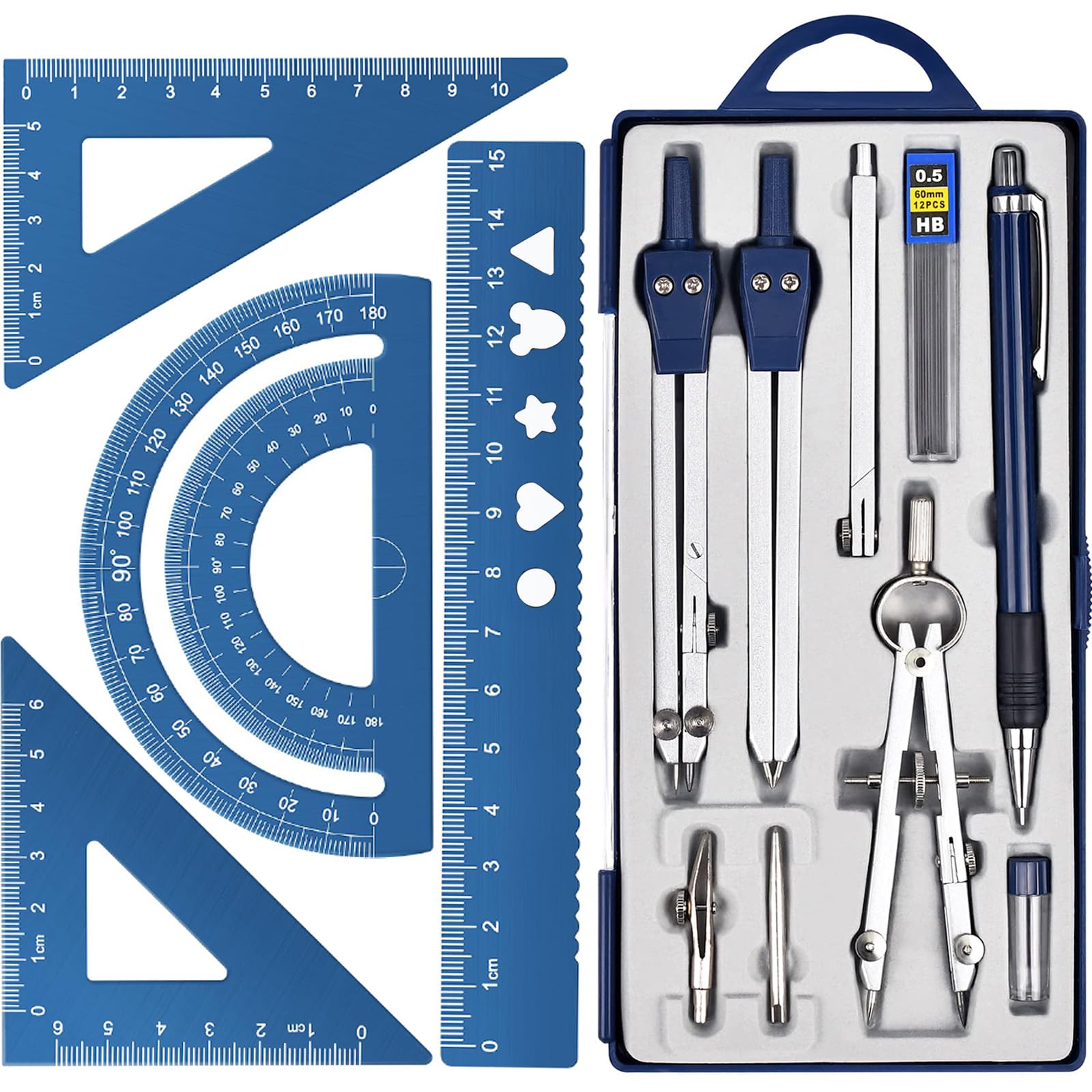 Professional Geometry Set Metal Compass, 14 pcs, Geometry Precision Tool Set with Shatterproof Storage Box, Drafting Tools & Drafting Kits, Circle Drawing Tools for Engineers Students (Blue)