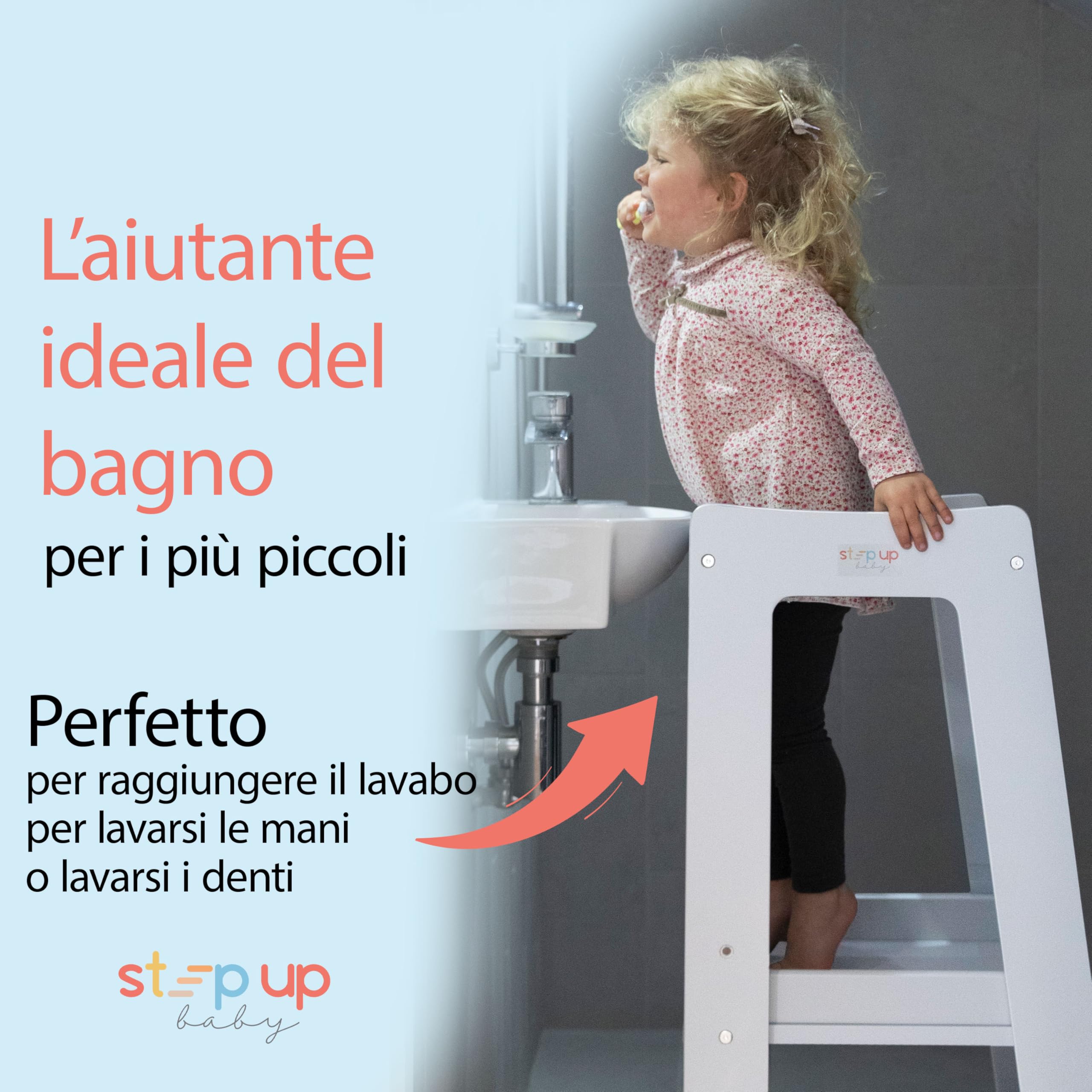 Stepup Baby Torre Montessoriana 3 Altezze Regolabili Torre di Apprendimento Ringhiera Sicurezza Bianco
