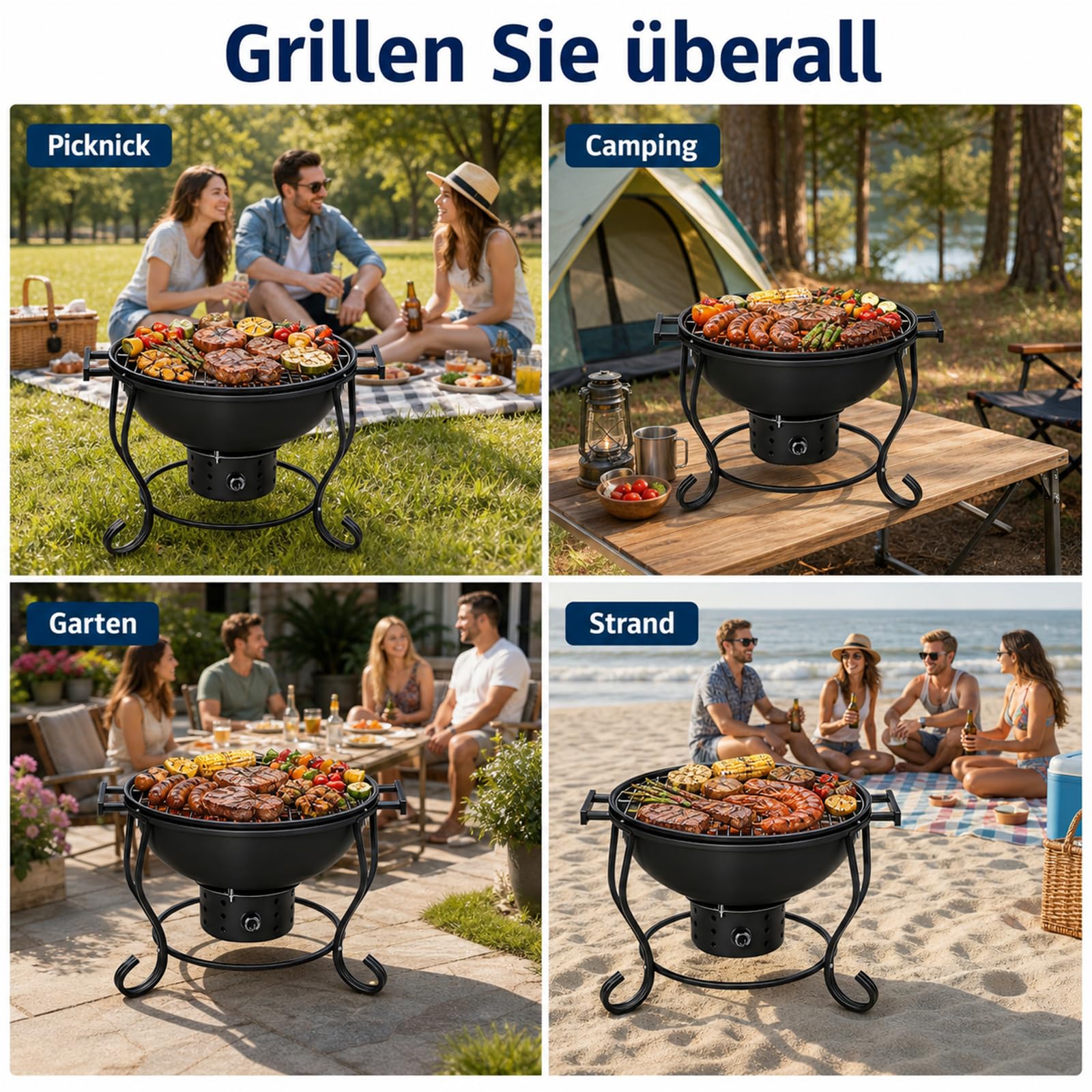 Tragbarer Holzkohlegrill mit Ventilator, Thermometer und regulierbarer Luftzufuhr, kompakter Kettle Grill für Camping, Picknick, Tailgating und Outdoor BBQ