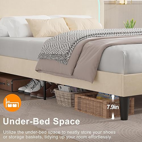 Miniatura 39 de VECELO Base de cama tapizada de tamaño individual con cabecero ajustable, luces LED, USB-A y tipo C, plataforma de terciopelo sin ruido, base de