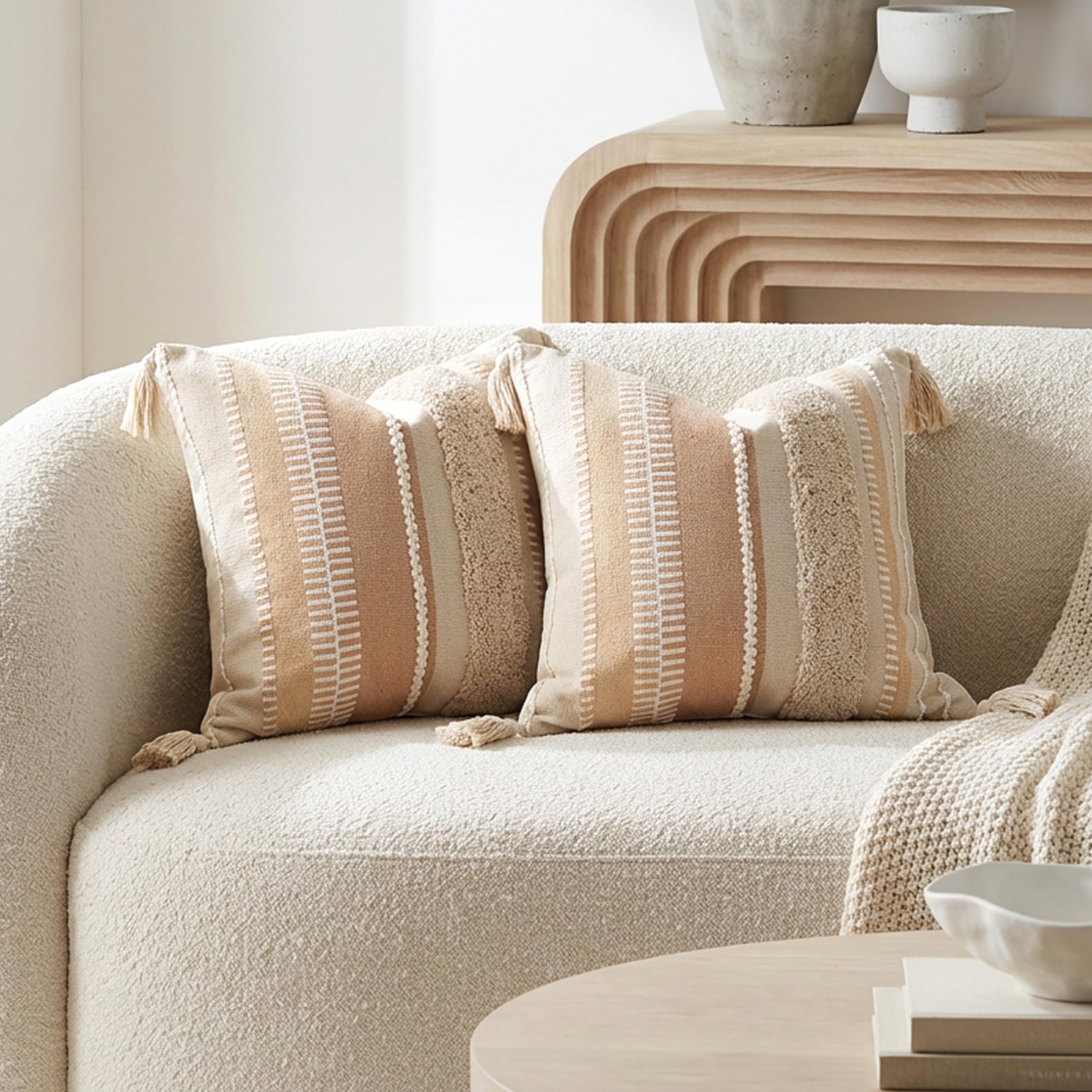 BlissBlush Decorative Throw Pillow Cover 20x20 Combo Set of 2 Square Cream Neutral White Boho Accent Pillowcase Tassels Farmhouse Cushion for Couch